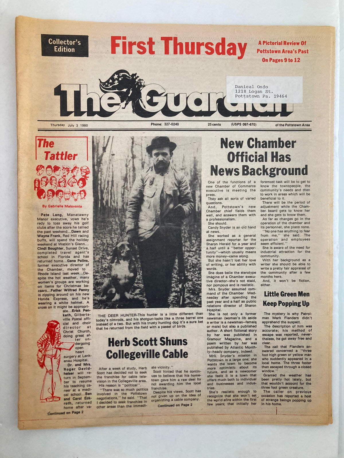 The Guardian Newspaper from July 3, 1980, featuring an article on New Chamber Officials and a support for local officials, displayed in good condition with a label on the front.