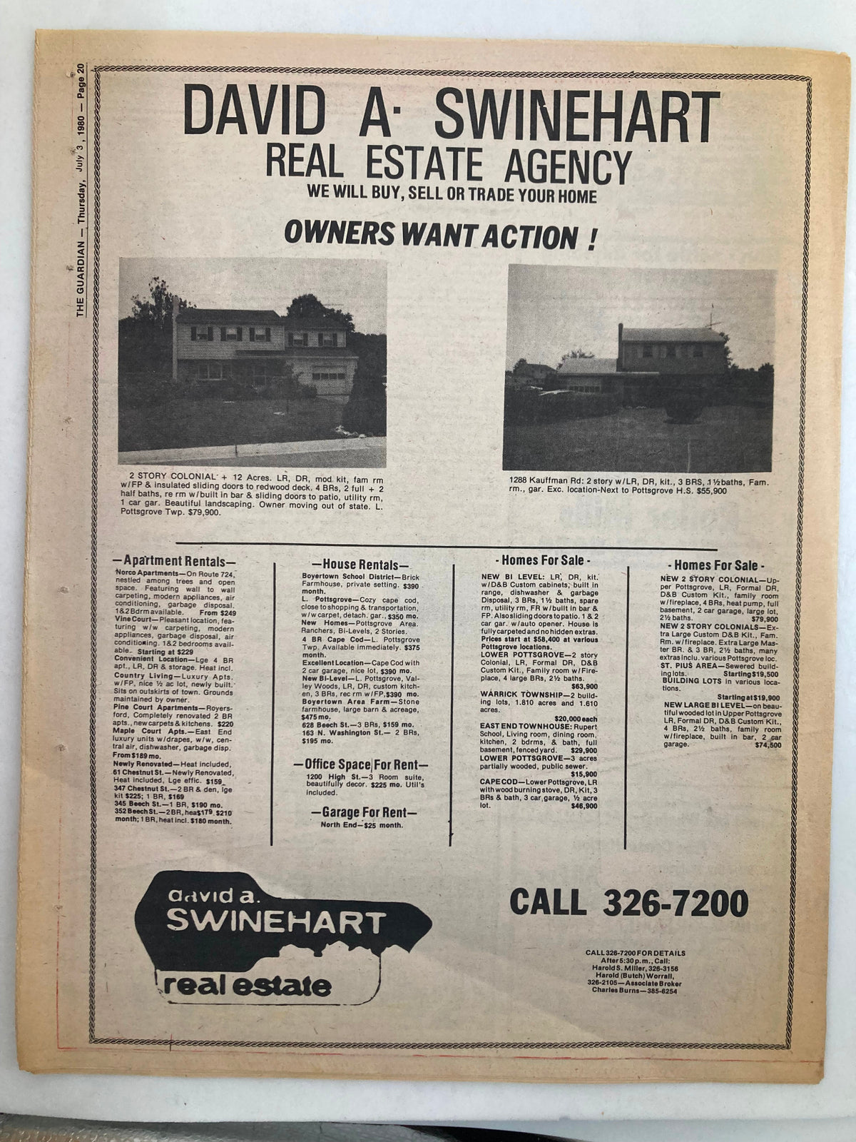 The back cover of The Guardian Newspaper, July 3, 1980, featuring an advertisement for David A. Swinehart Real Estate Agency, promoting property listings and services.