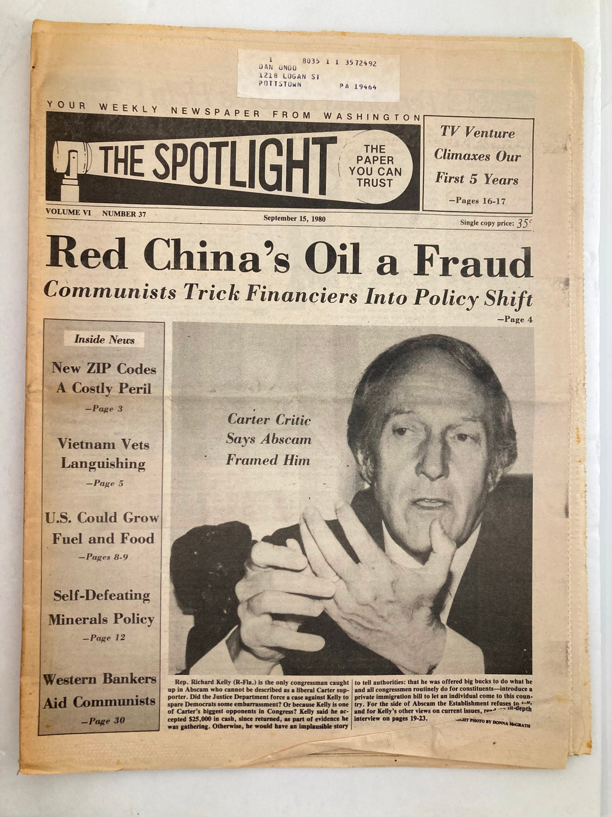 The Spotlight Newspaper September 15 1980 Vol 6 #37 featuring a headline about Red China's Oil Fraud and a photo of a speaker discussing political issues.