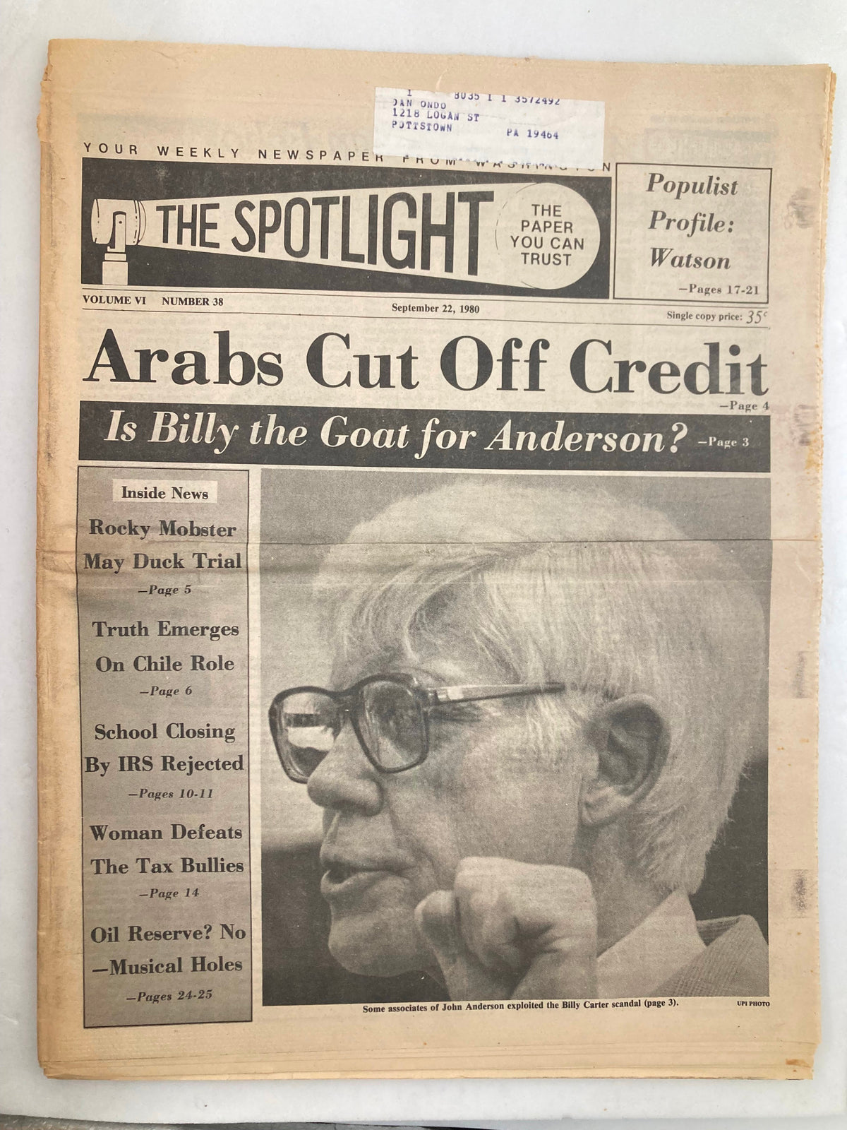 The Spotlight Newspaper September 22, 1980 Vol 6 #38 featuring John Anderson. Cover story discusses the scandal involving John Anderson, with subtopics including financial issues and public figures. The newspaper displays a prominent label and information on various articles on the inside.