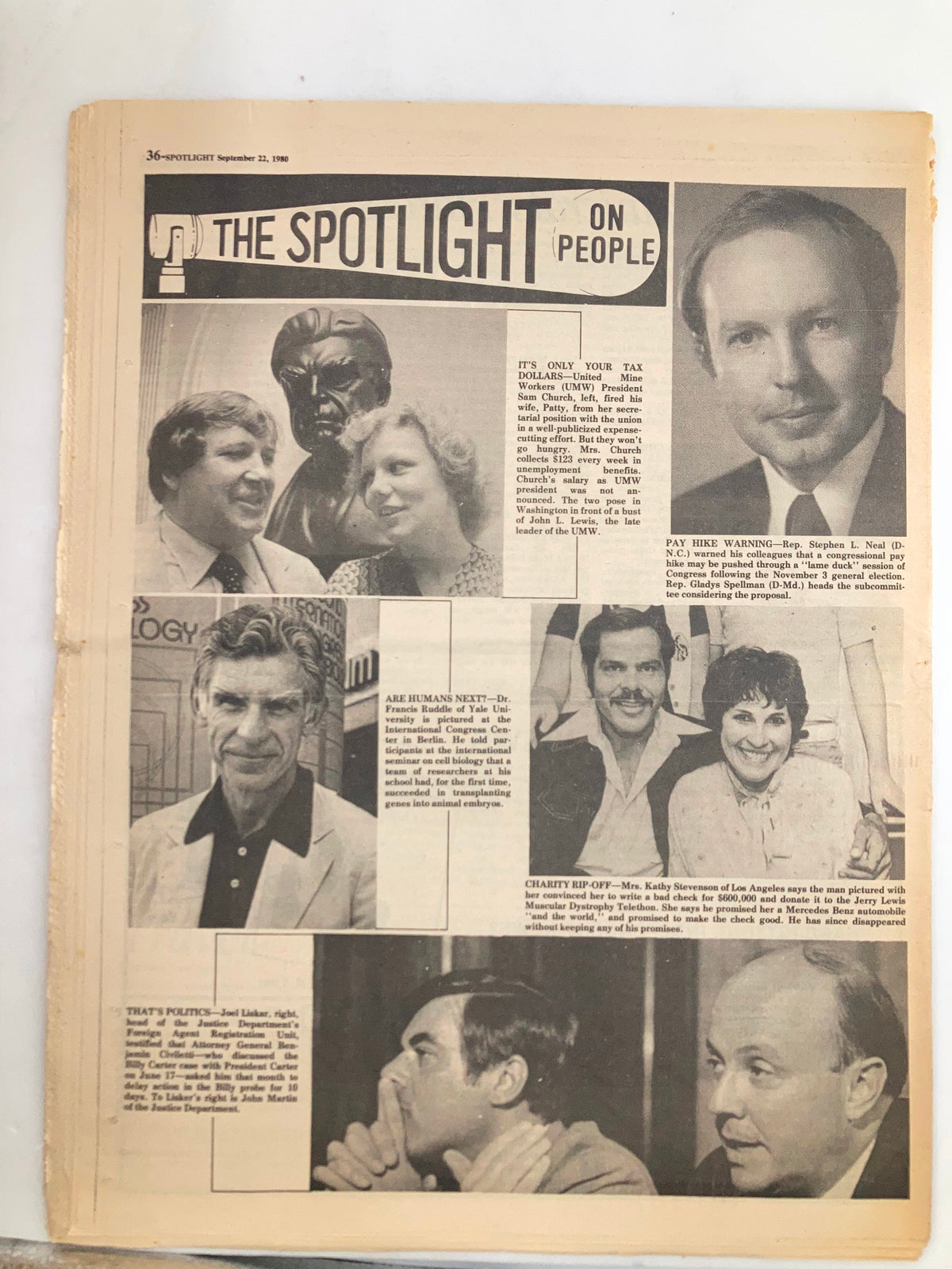 Inside page of The Spotlight Newspaper September 22, 1980 Vol 6 #38, titled 'The Spotlight on People'. Features profiles and commentary on notable individuals, including a statue and images of various personalities, reflecting on cultural events of the time.