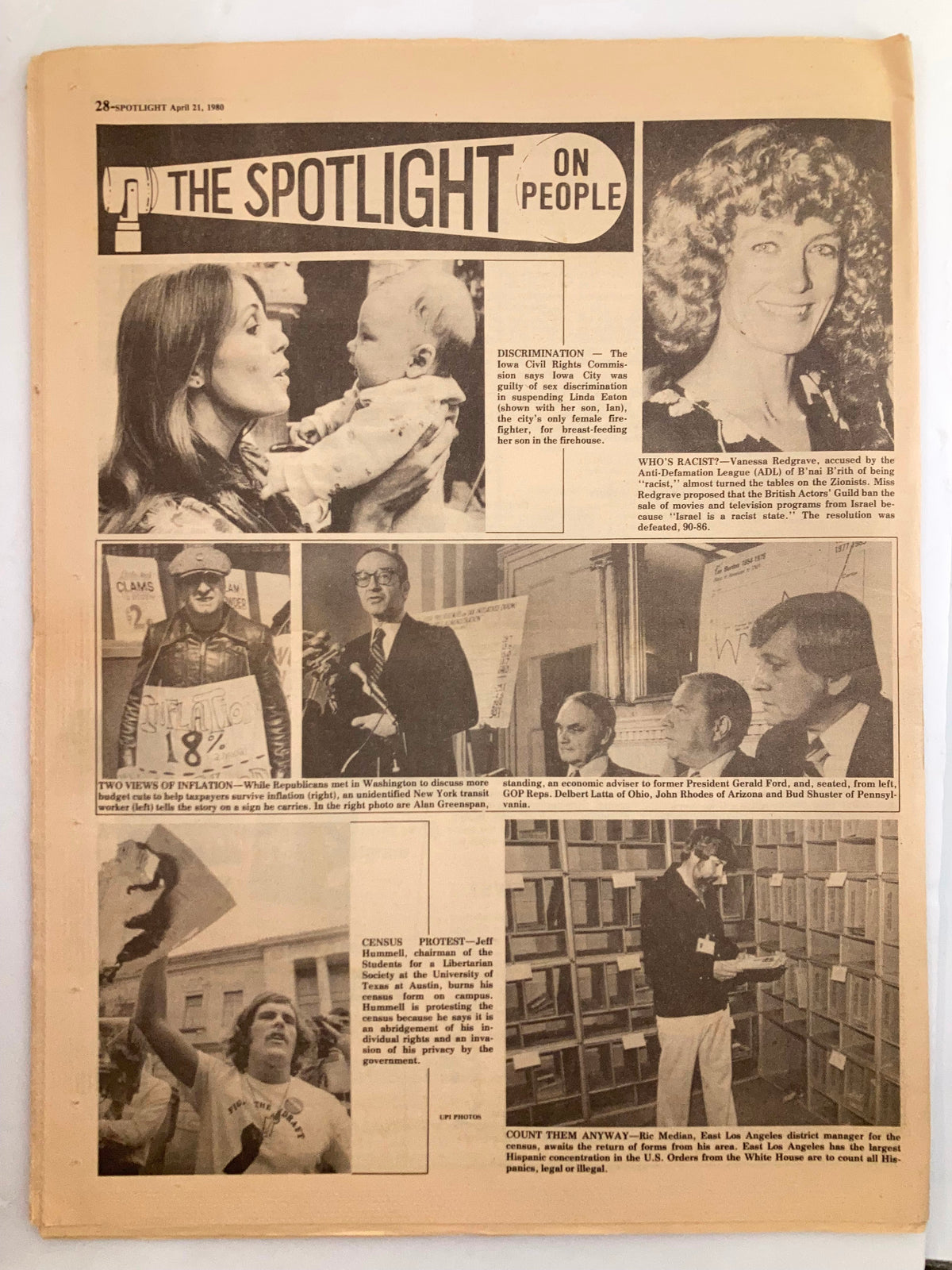 The Spotlight Newspaper from April 21, 1980, highlighting social issues with a collage of photographs on the 'On People' page. The image includes visuals related to discrimination cases and public protests, emphasizing community concerns.