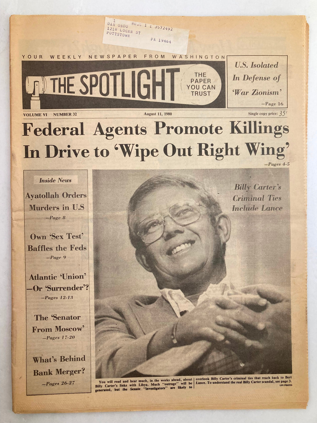 The Spotlight Newspaper from August 11, 1980, Volume 6 #32 featuring an article titled 'Billy Carter's Criminal Ties' with a photograph of a man smiling. The newspaper discusses criminal ties and political issues of the era.