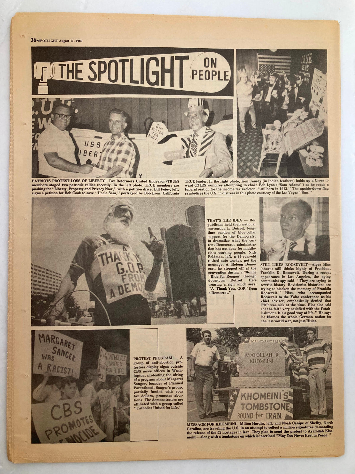 The Spotlight Newspaper August 11 1980 Vol 6 #32 featuring various protest scenes and social commentary including protesters advocating for civil liberties.