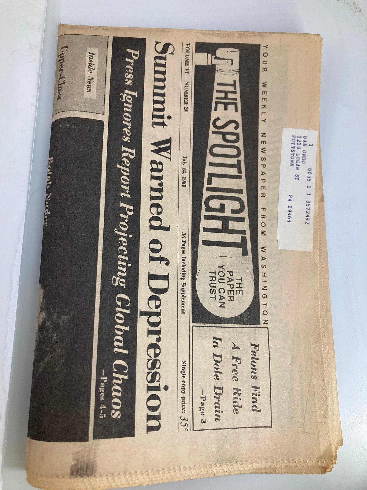 Side view of The Spotlight Newspaper dated July 14, 1980, Volume 6 #28, featuring the main headline 'Summit Warned of Depression'.