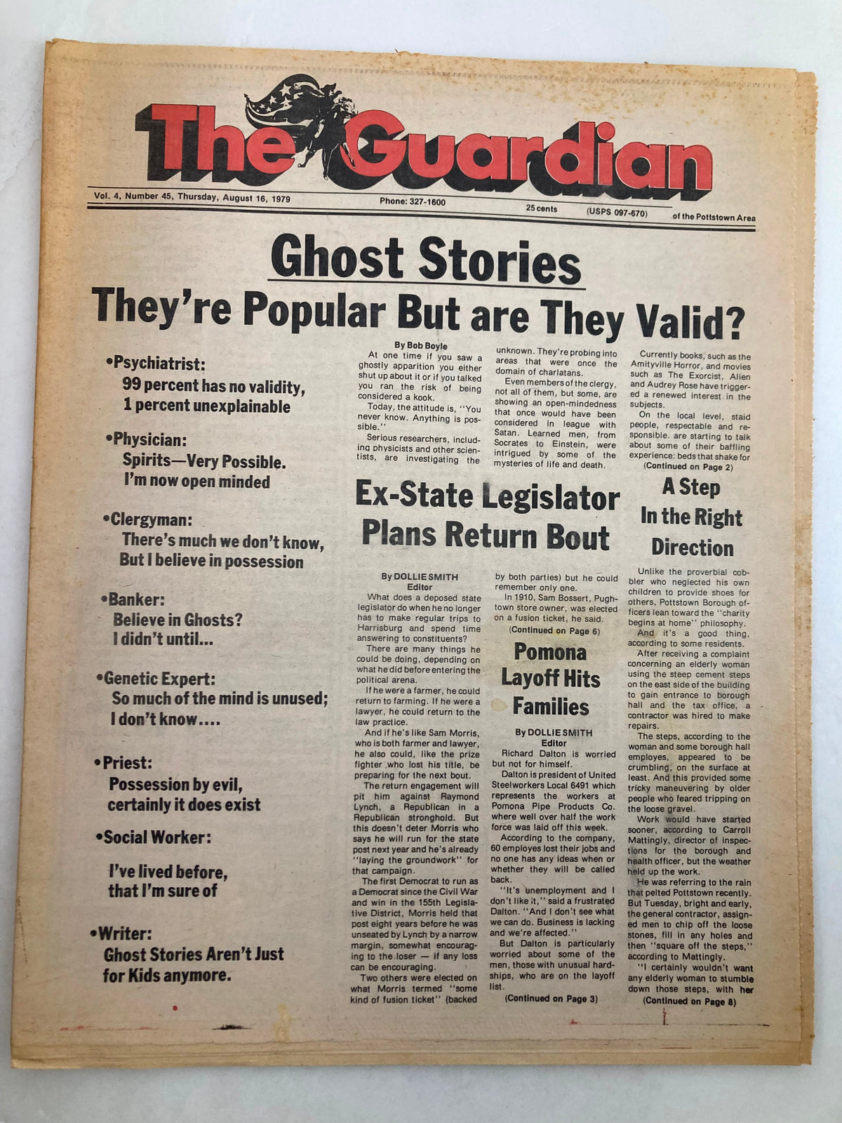 The Guardian Newspaper dated August 16, 1979, Vol 4 #45 featuring the headline 'Ghost Stories They’re Popular But Are They Valid?' with various articles visible on the front page.