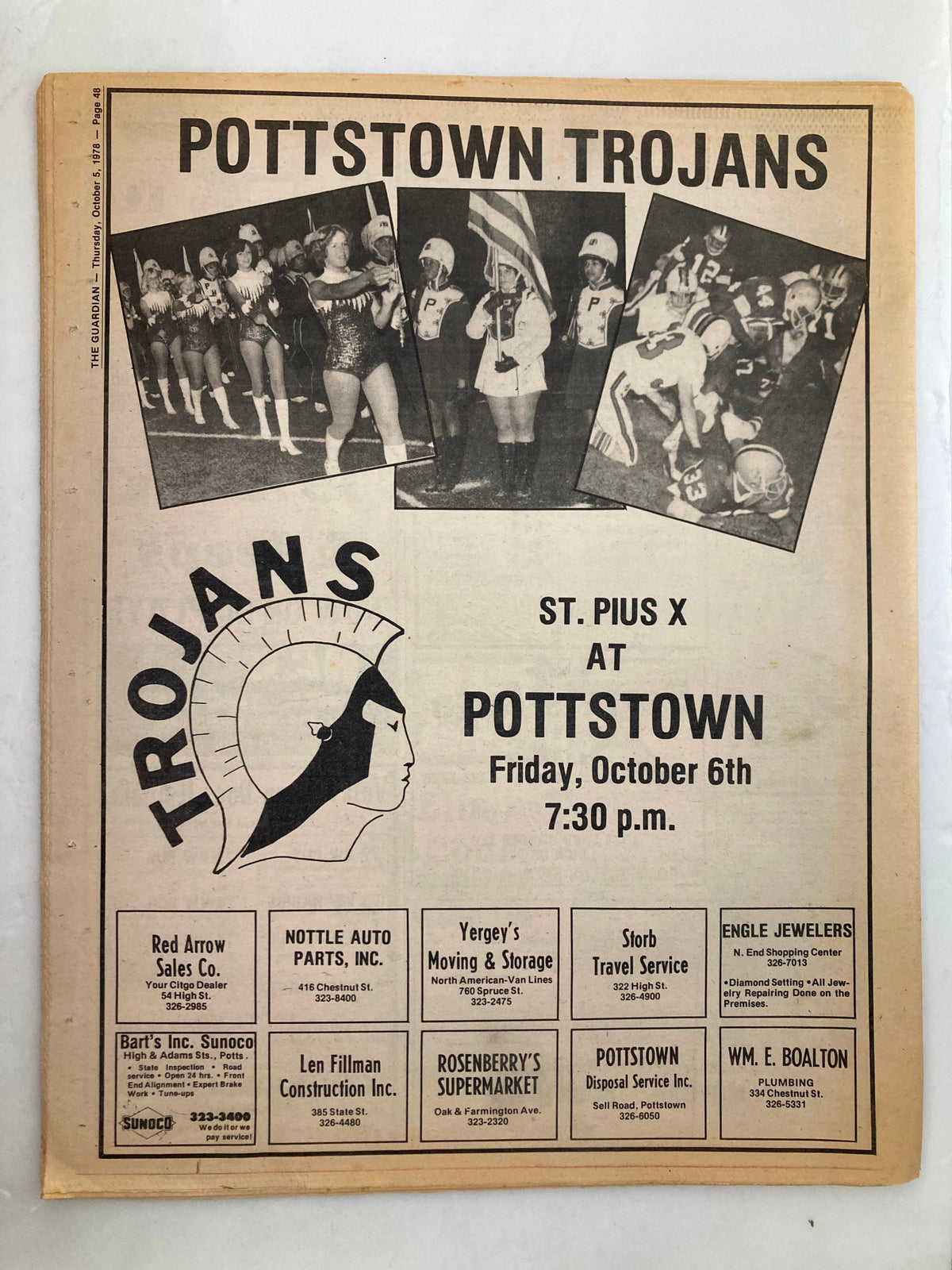 The Guardian Newspaper October 5 1978, collector's edition, includes a feature on Pottstown Trojans event with images of football players and community announcements.