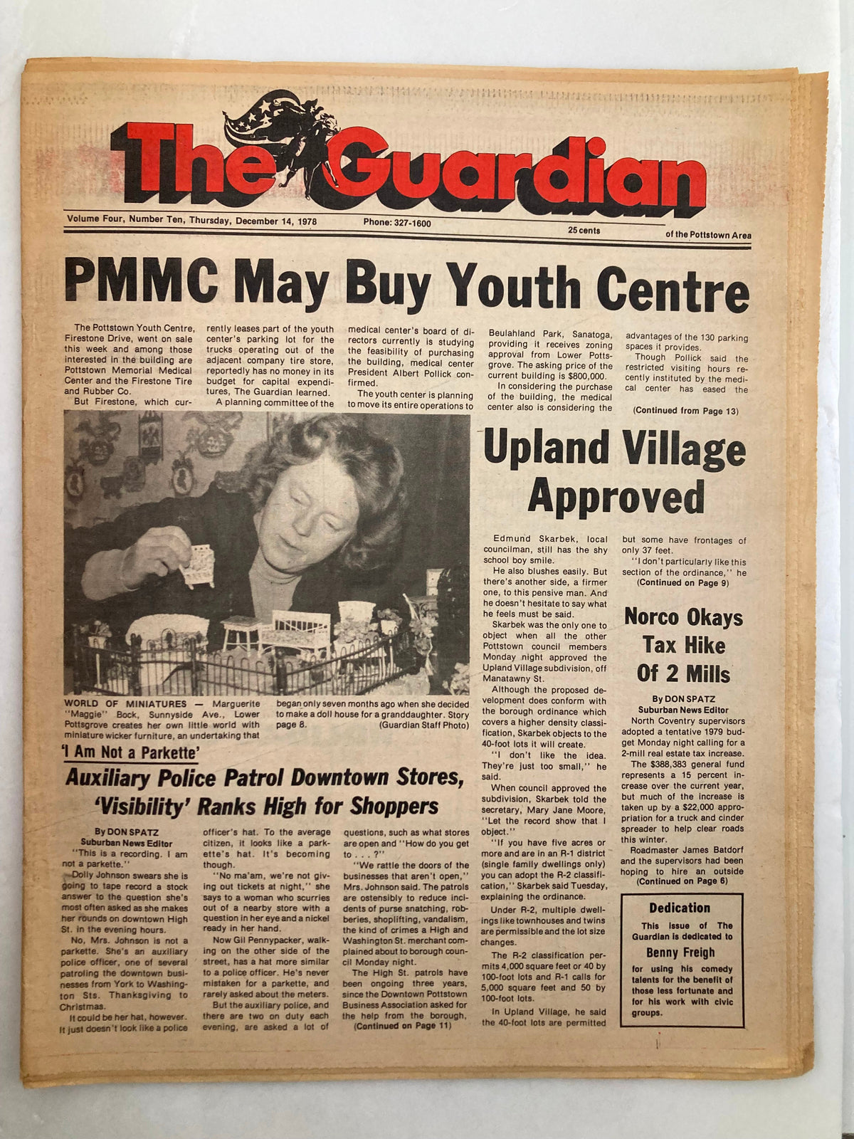 The Guardian Newspaper from December 14, 1978, Volume 4 #10, featuring the headline 'PMMC May Buy Youth Centre' and various articles. The newspaper is in good condition with minor wear, protected by a plastic cover. Image shows the front page layout with photographs and text.