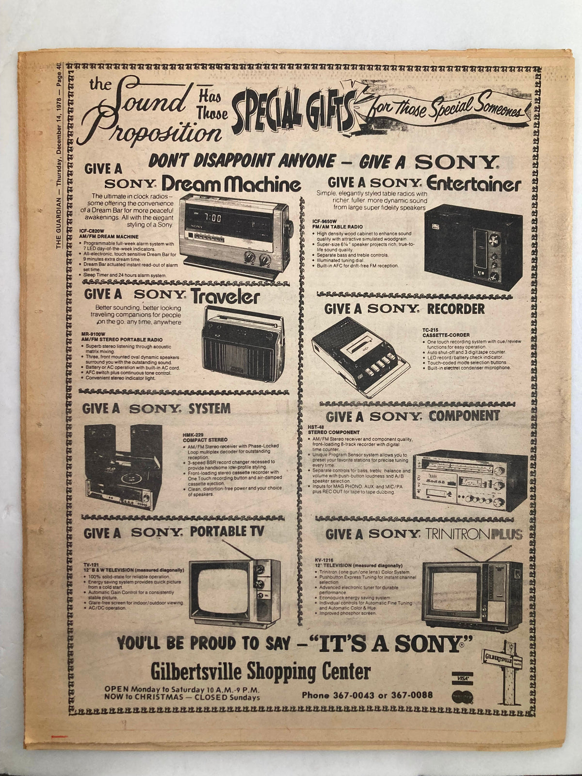 Vintage advertisement featuring special Sony gifts, including a Sony Dream Machine, Sony Entertainer, Sony Traveler, Sony Recorder, and more. The ad promotes electronic devices available at Gilbertsville Shopping Center. Related to The Guardian Newspaper December 14 1978, Vol 4 #10 PMMC May Buy Youth Centre.