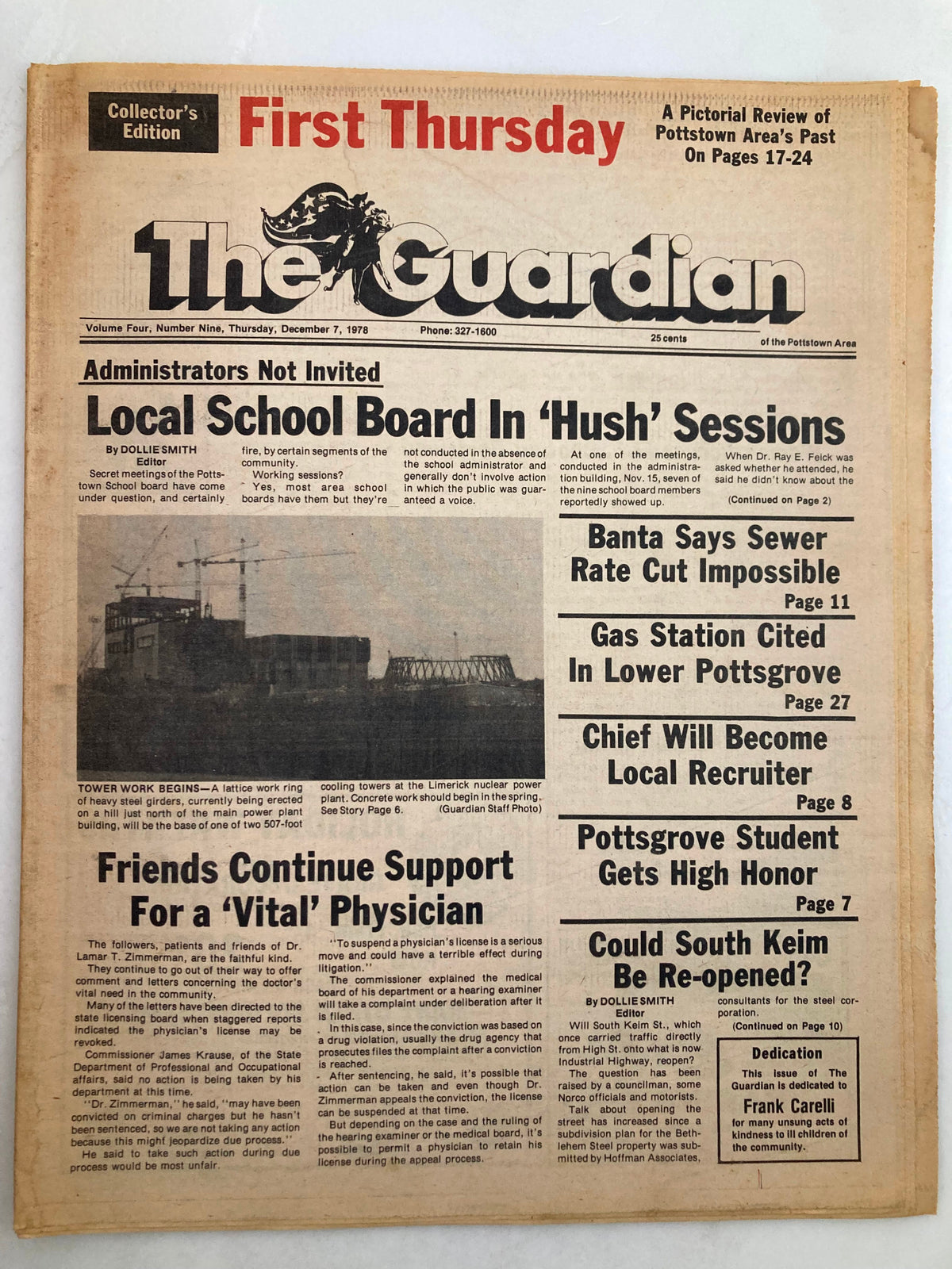 The Guardian Newspaper cover from December 7, 1978, Volume 4 #9, featuring the headline 'Local School Board in Hush Sessions', discussing school board activities alongside other local news.