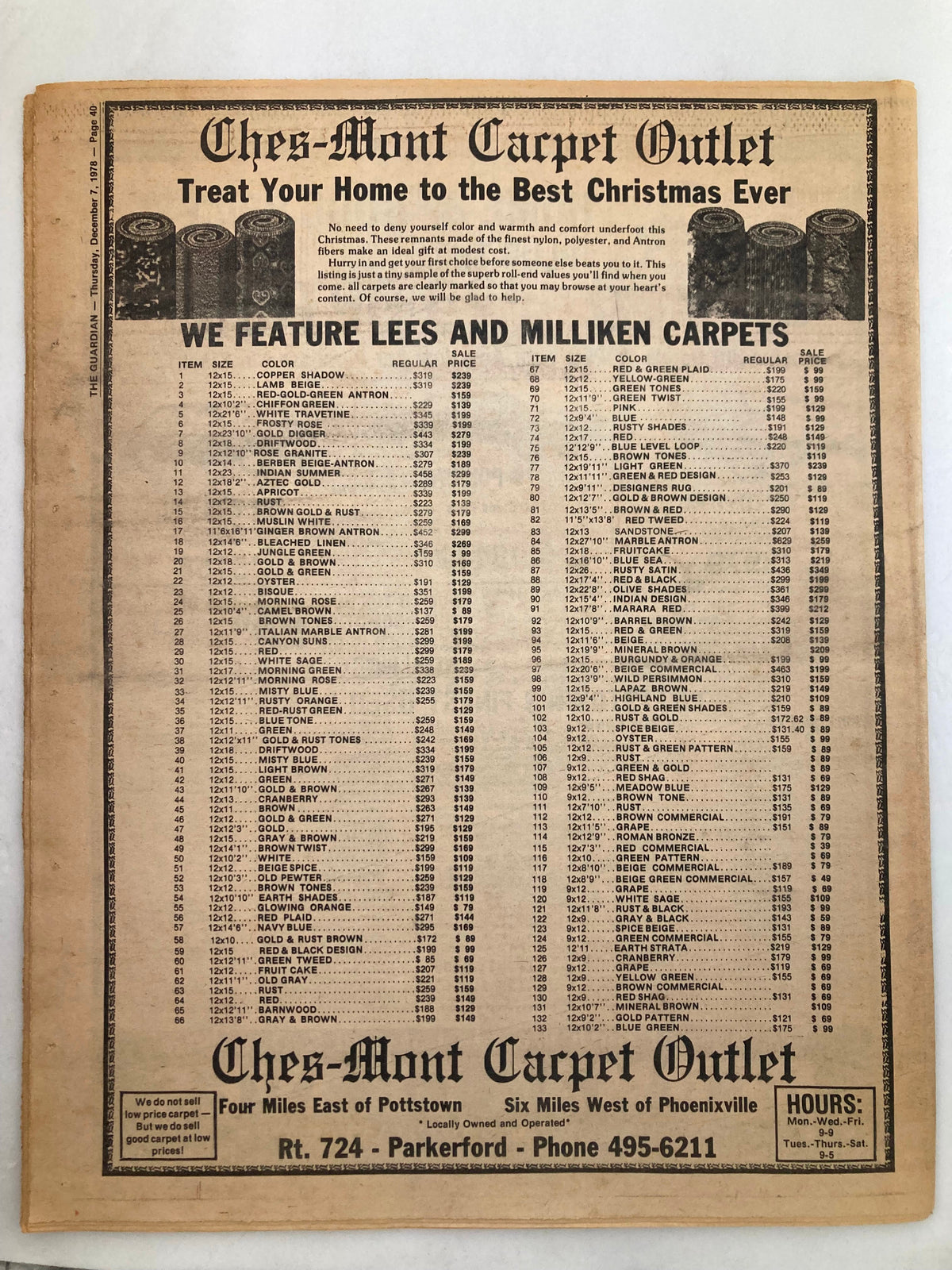 Back cover of The Guardian Newspaper from December 7, 1978, displaying an advertisement for Ches-Mont Carpet Outlet with various carpet listings and promotional details.