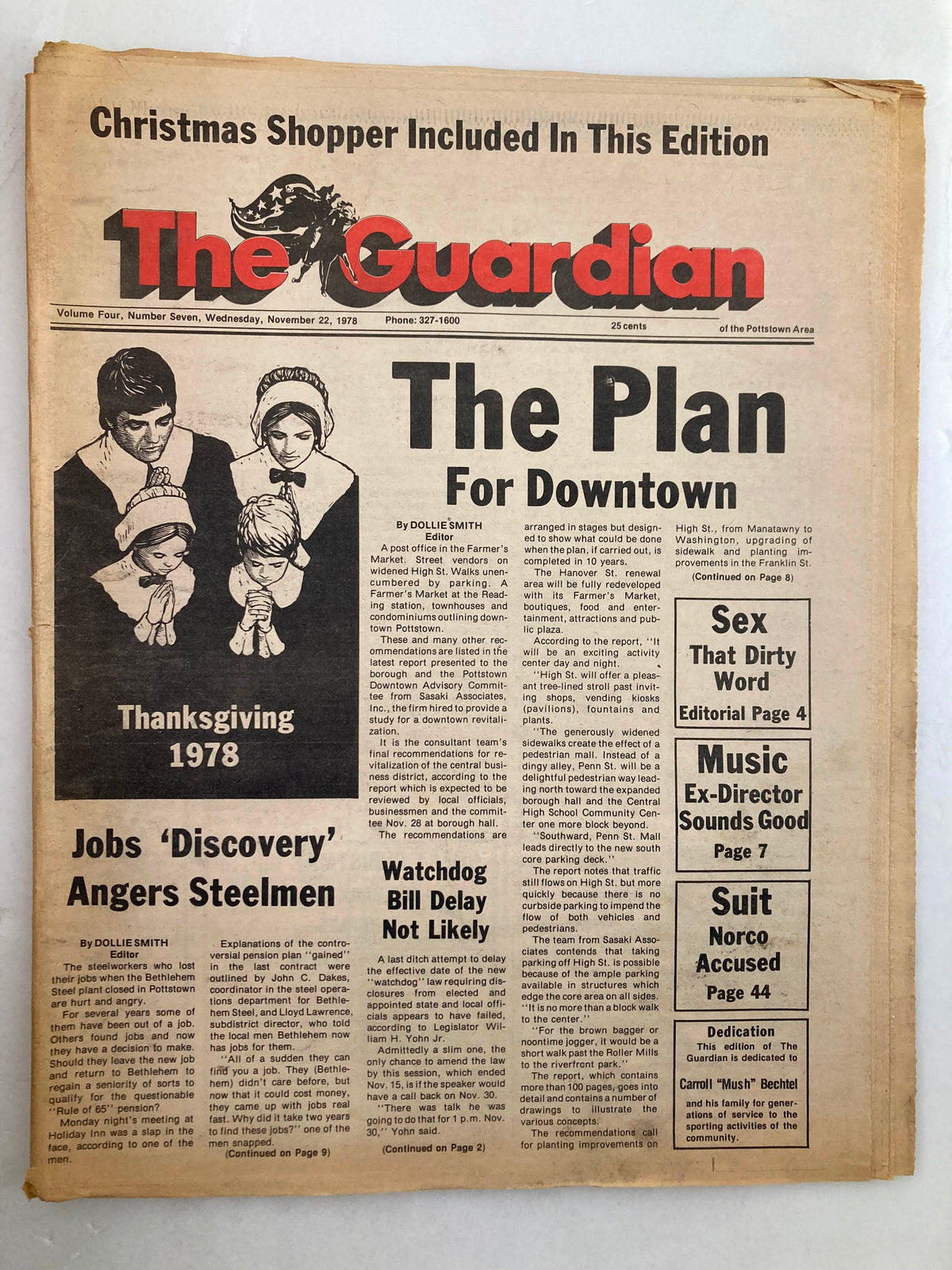 The Guardian Newspaper from November 22, 1978, Volume 4, Issue 7, featuring the headline 'The Plan for Downtown' and a Thanksgiving 1978 graphic. Includes articles on various topics, highlighting news from that era.