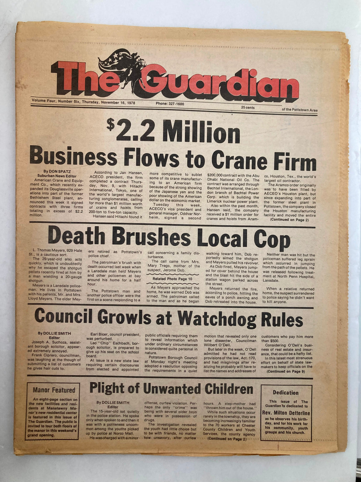 The Guardian Newspaper November 16 1978 Vol 4 #6 featuring headline '$2.2 Million Business Flows to Crane Firm' and article 'Death Brushes Local Cop', includes news about council and children issues.