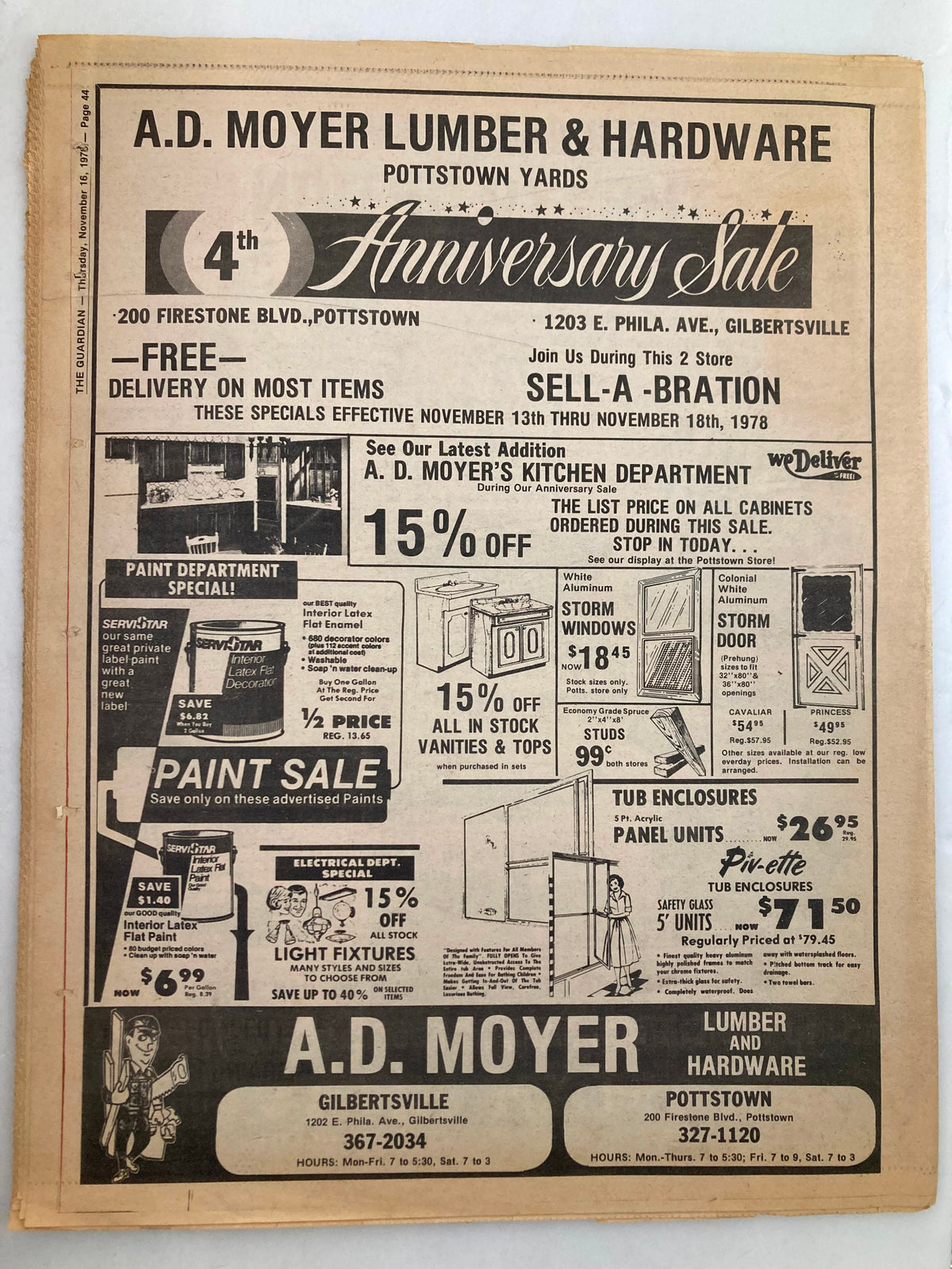 The Guardian Newspaper November 16 1978 Vol 4 #6 advertisement for A.D. Moyer Lumber & Hardware's 4th Anniversary Sale, highlighting discounts and specials for the store.