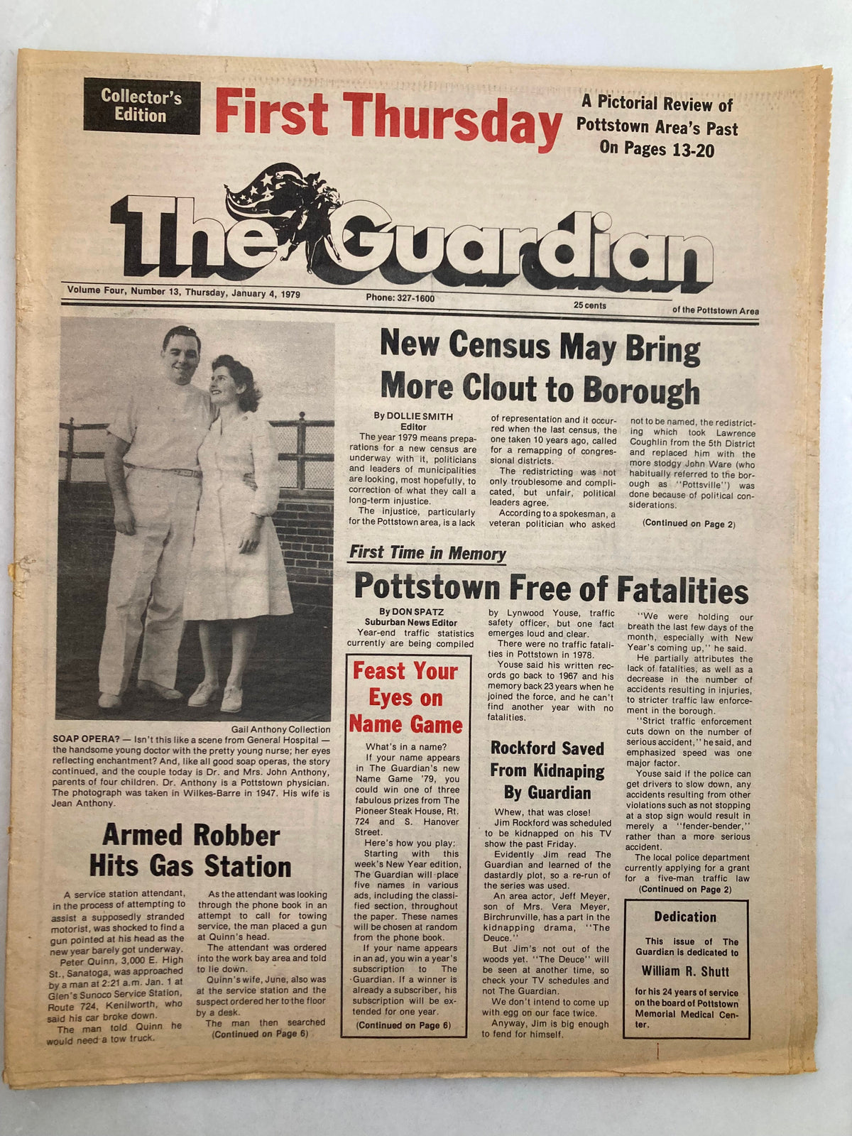 The Guardian Newspaper, January 4, 1979, Vol 4 #13, featuring an article about Pottstown being free of fatalities, with images of local residents.