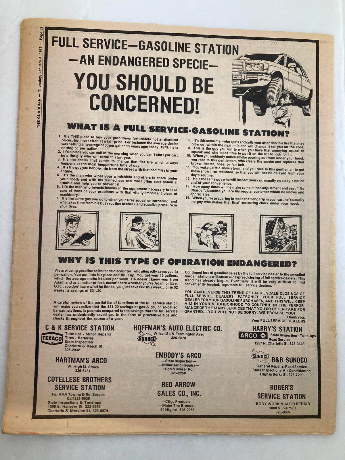 The back page of The Guardian Newspaper, January 4, 1979, displaying an advertisement about full-service gasoline stations and their endangered status.