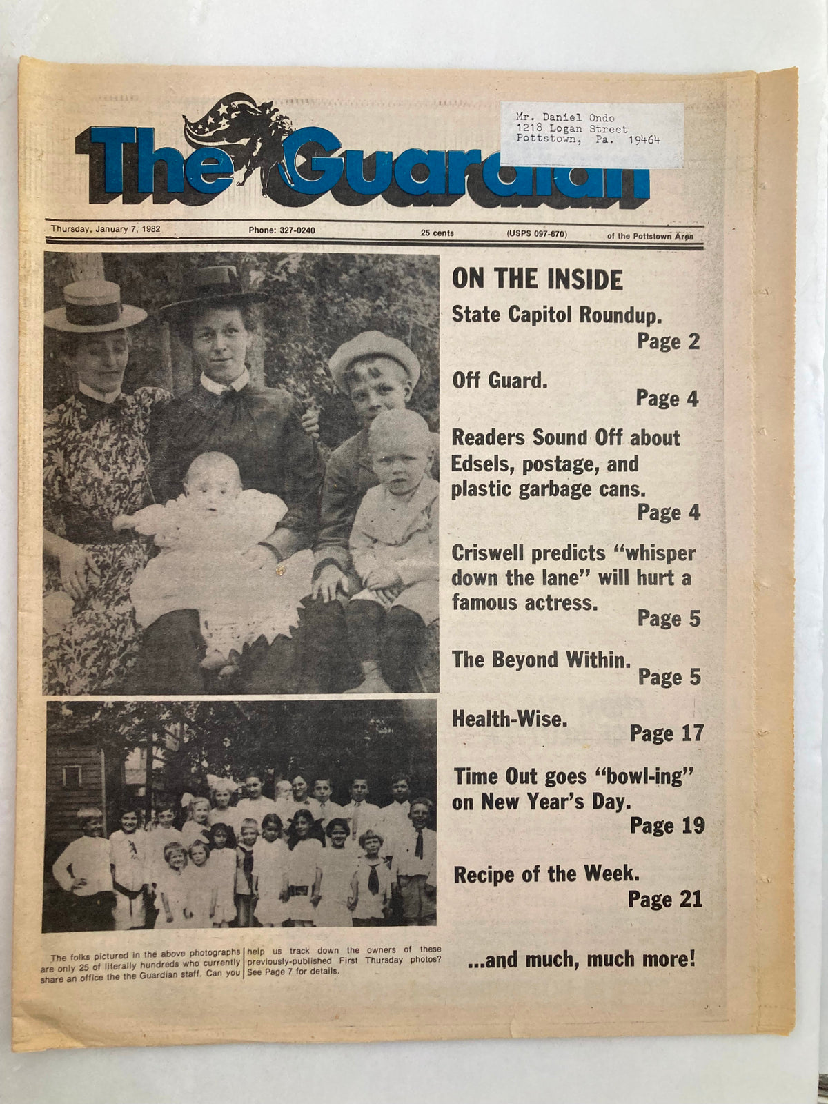 The Guardian Newspaper cover from January 7, 1982, featuring historical images and articles including 'Time Out Goes Bowl-ing on New Year's Day.'