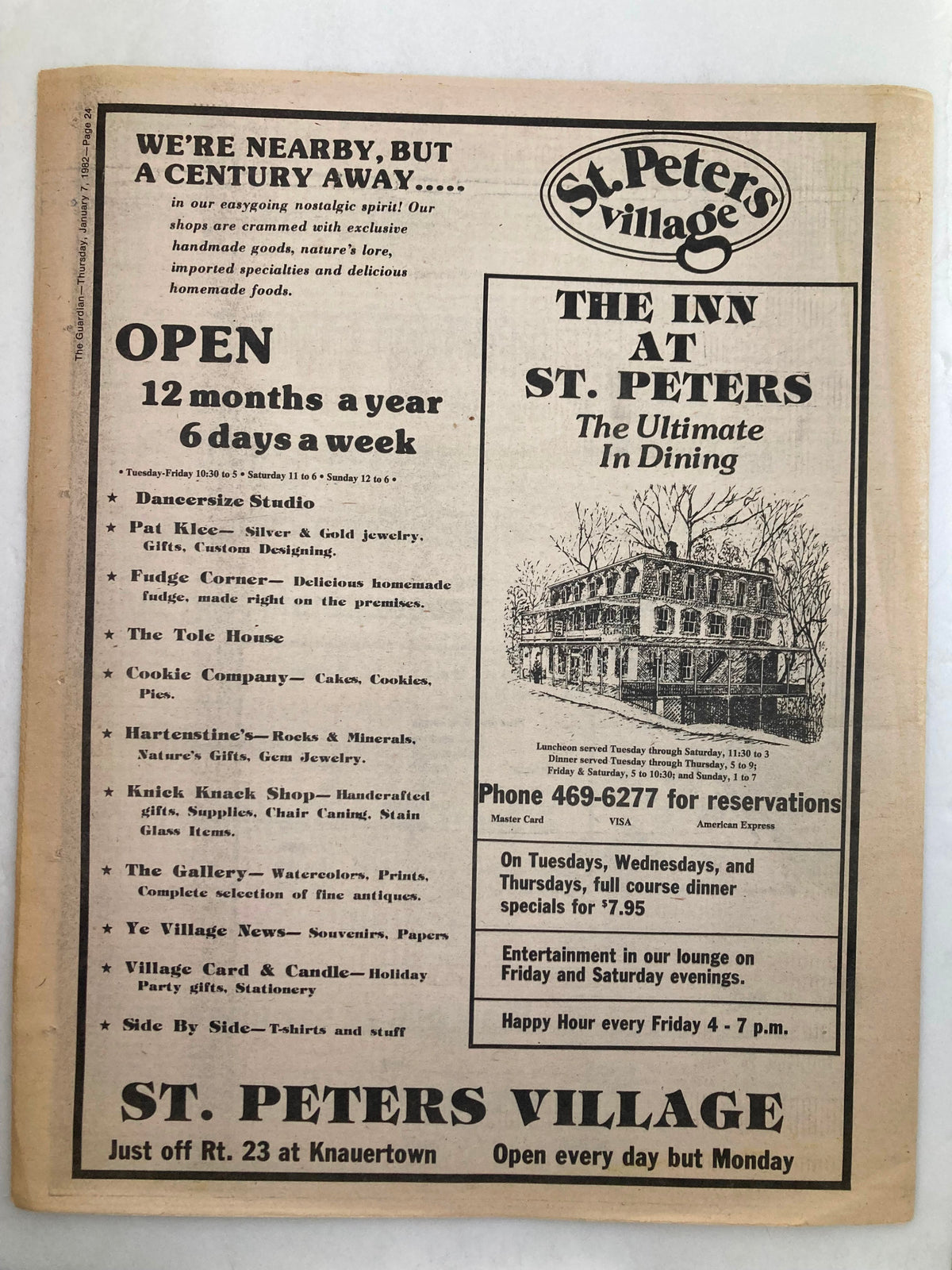 Advertisement page from The Guardian Newspaper January 7, 1982, showcasing businesses like St. Peter's Village and dining options.
