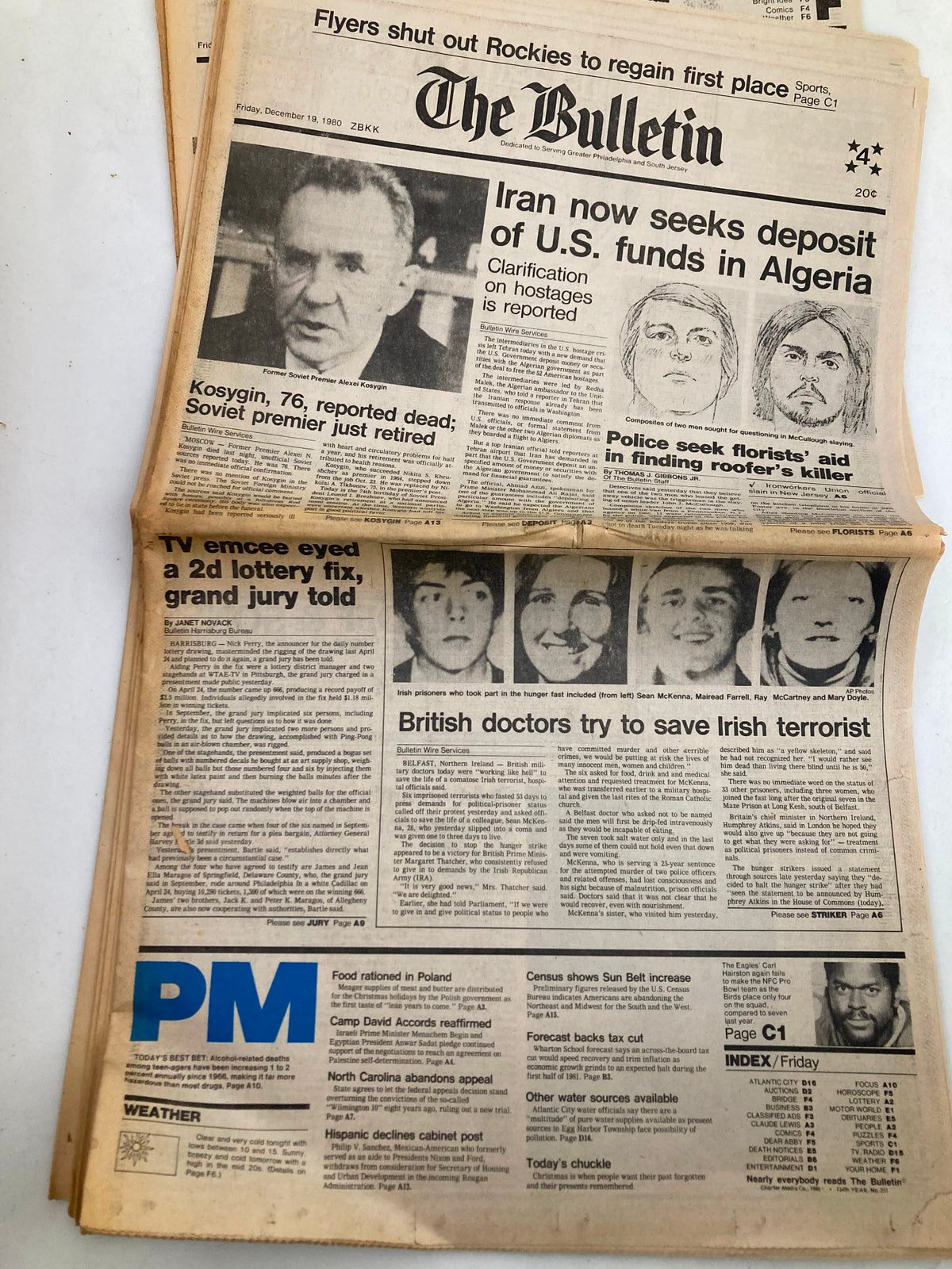 The Bulletin Newspaper from December 19, 1980, featuring Former Soviet Premier Alexei Kosygin on the cover. The newspaper includes various articles about global events and political news. An image of Kosygin is prominently displayed alongside headlines on key issues of the era.