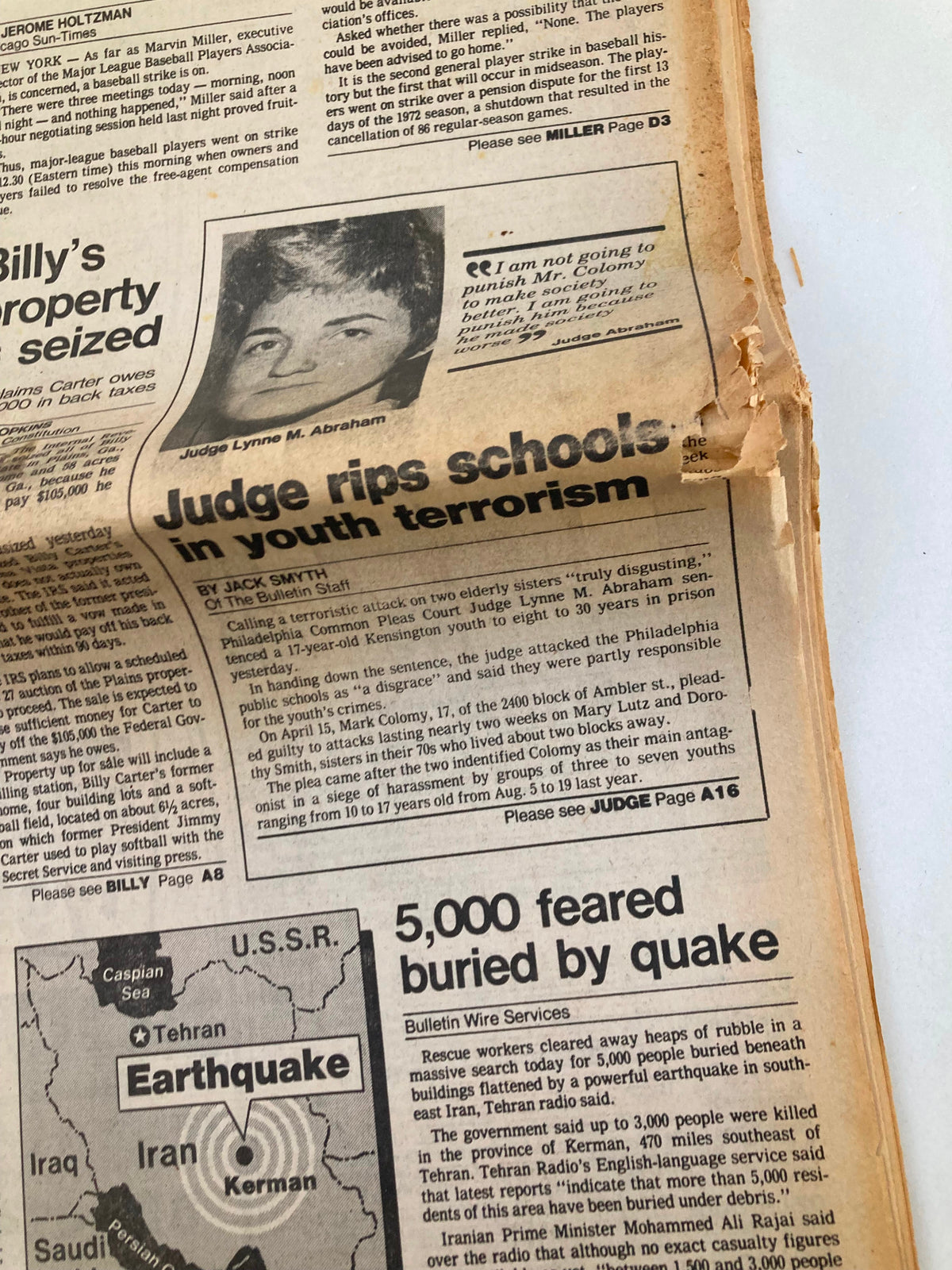A close-up of The Bulletin Newspaper from June 12, 1981 detailing a judge's critical comments on youth terrorism, including a photo of Judge Lynne M. Abraham. The newspaper displays signs of aging and minor damage.