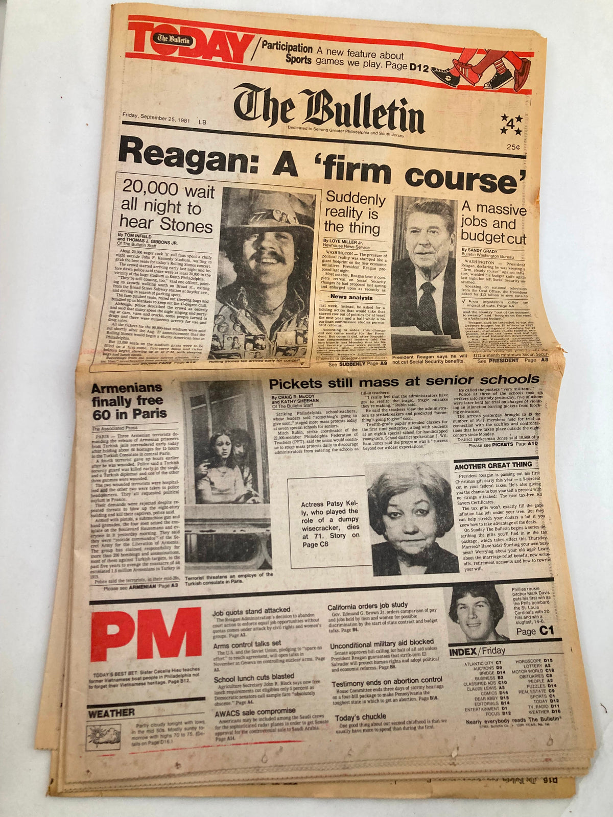 The Bulletin Newspaper dated September 25, 1981, featuring the headline 'Reagan: A firm course'. The front page highlights articles about Ronald Reagan, including topics such as the wait for news about Stone's and significant job and budget concerns.