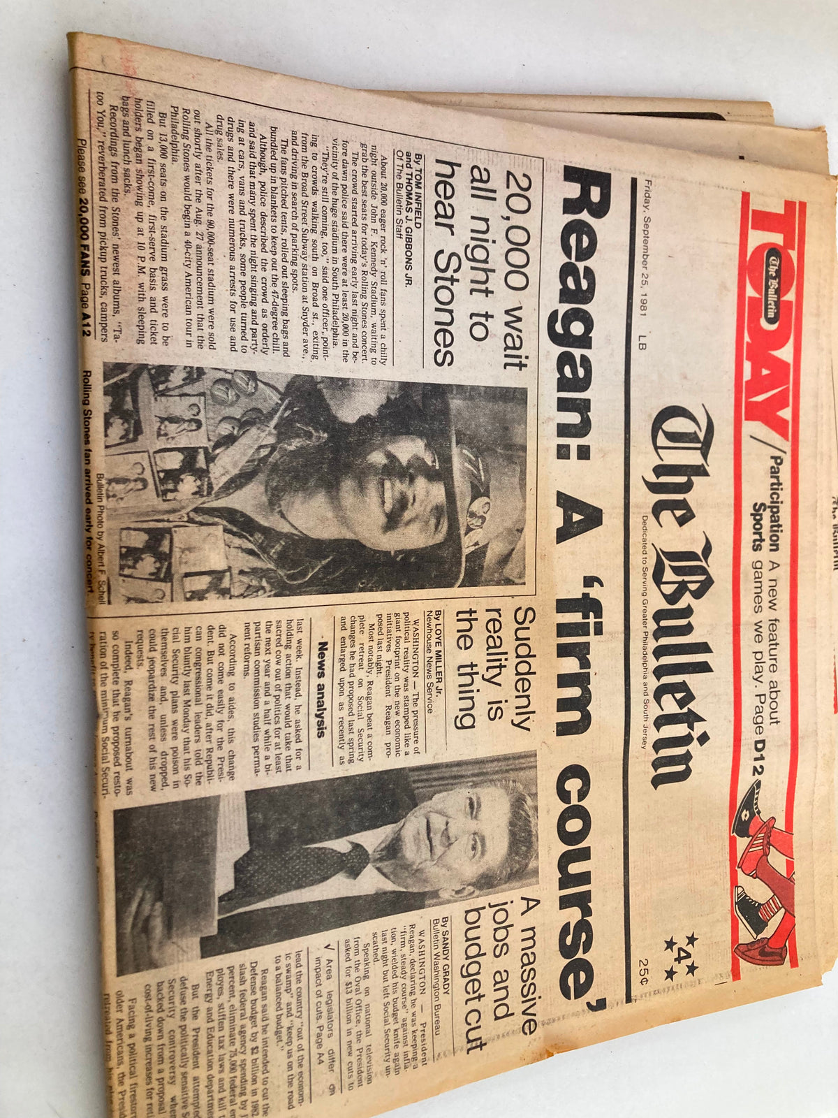Close-up of The Bulletin Newspaper from September 25, 1981, with the headline 'Reagan: A firm course'. The image shows details about the articles, including mentions of waiting for news and the massive impact of budget cuts.