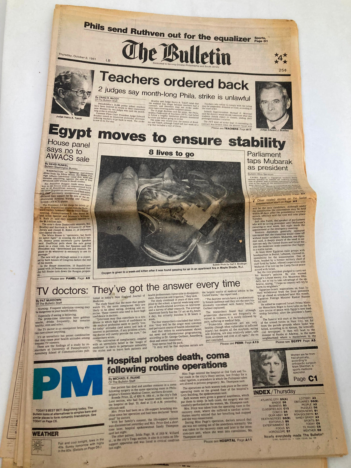 The Bulletin Newspaper from October 8, 1981, displaying the headline 'Egypt Moves To Ensure Stability'. The newspaper features articles on various topics including education and Egyptian politics, with an image of a judge and related content.