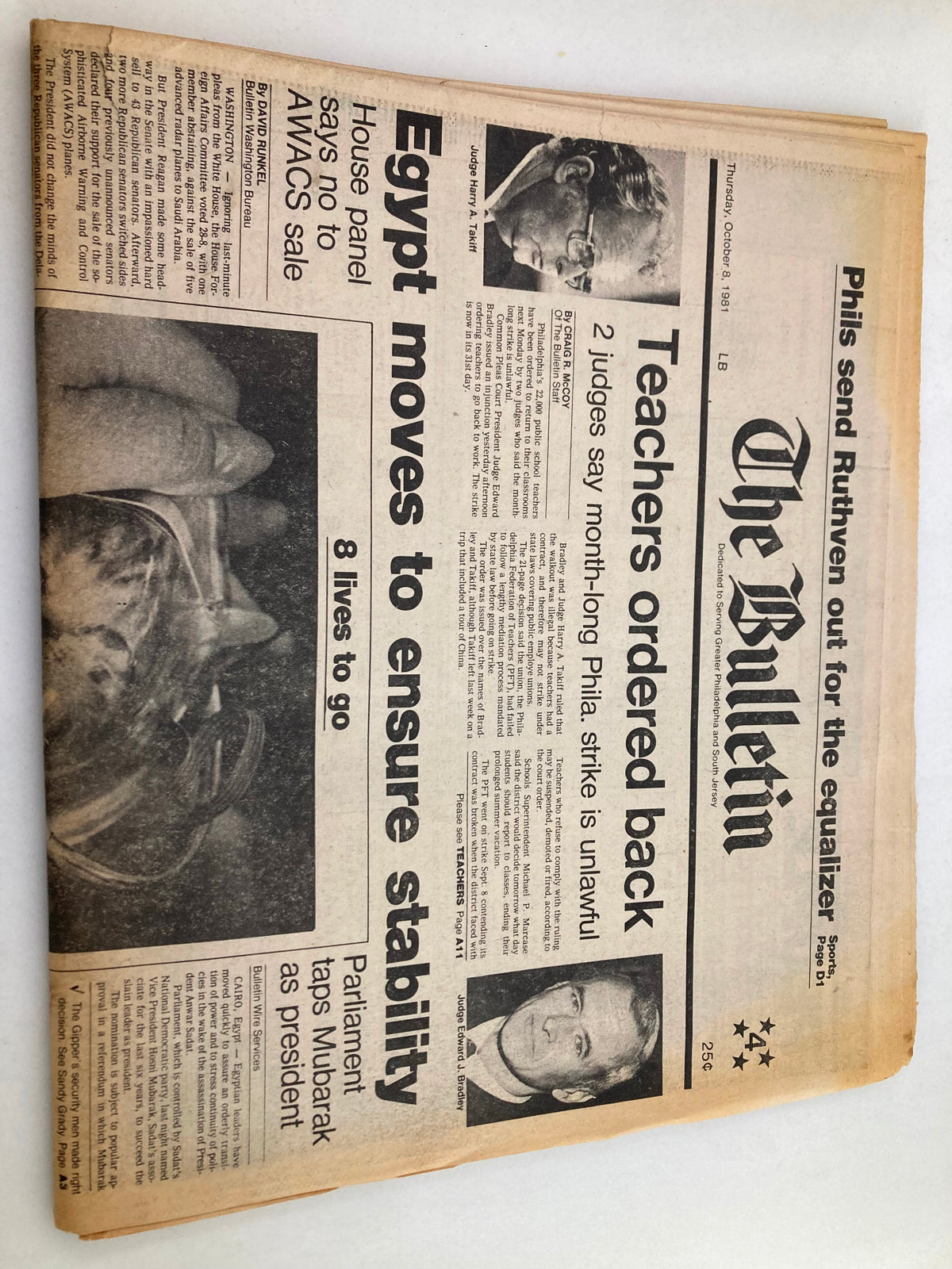 Close-up view of The Bulletin Newspaper, dated October 8, 1981, showcasing the headline 'Egypt Moves To Ensure Stability'. The front page includes stories regarding the political climate in Egypt and public issues, highlighting historical context.