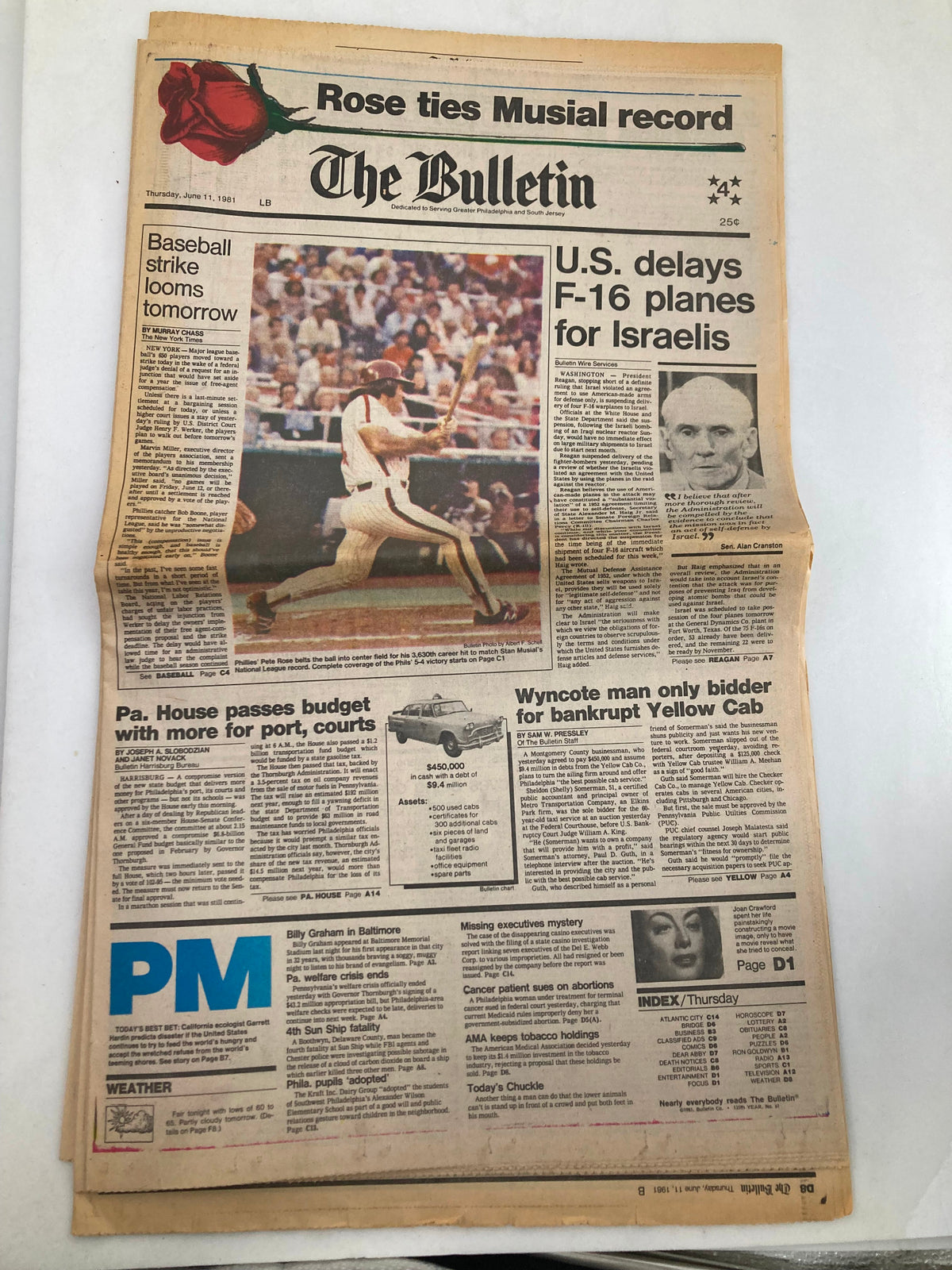 The Bulletin newspaper from June 11, 1981, featuring headlines about MLB's Phillies' Pete Rose and the looming baseball strike, showcasing relevant articles and images related to sports.