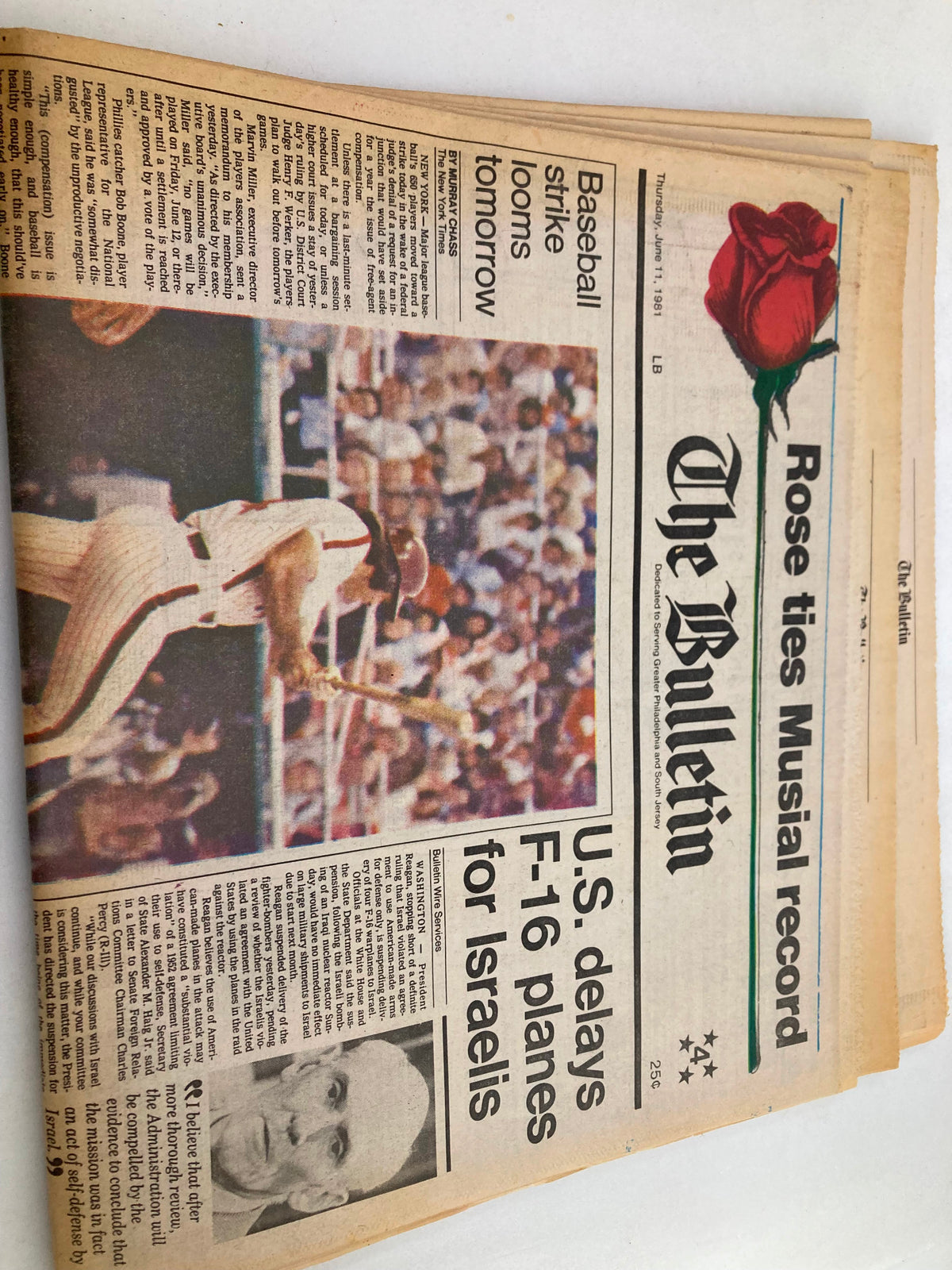 The Bulletin newspaper dated June 11, 1981, highlighting MLB news with a focus on Pete Rose, including an article on the upcoming baseball strike and significant events of the time.