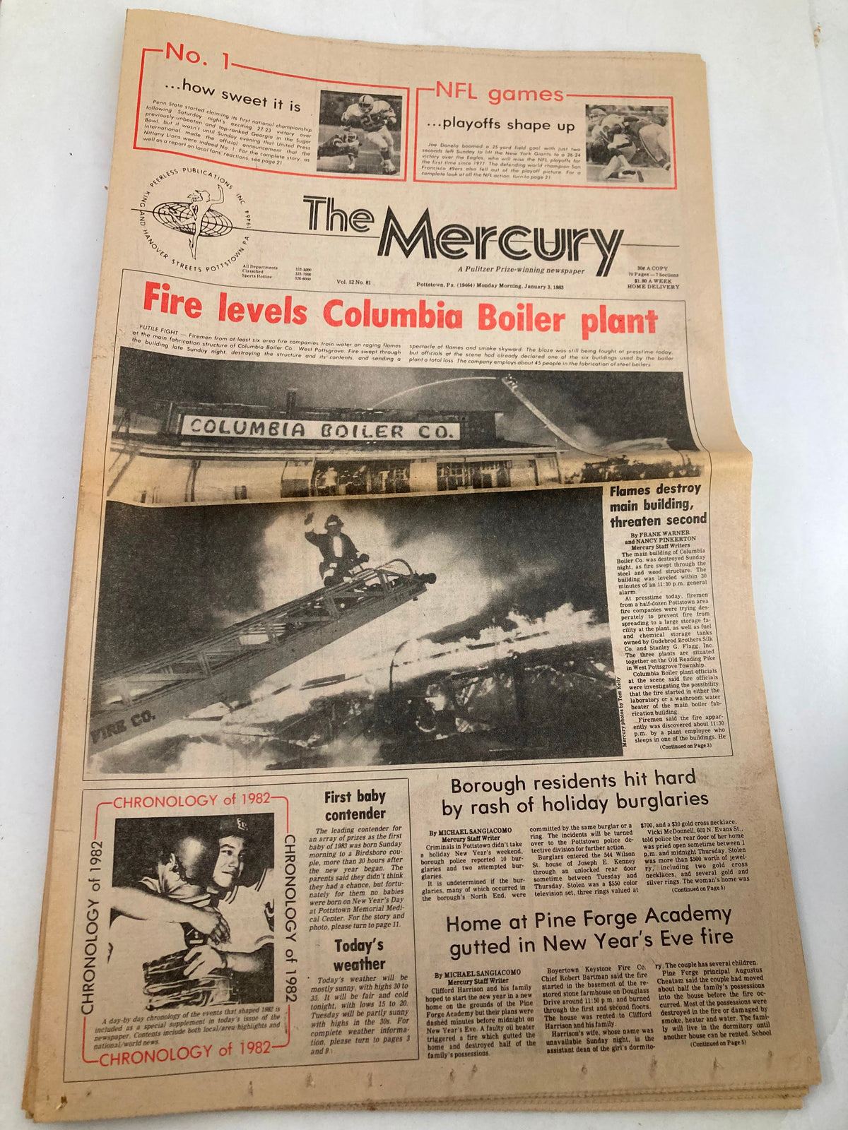 Front page of The Mercury newspaper from January 3, 1983, Volume 52, Issue 81, featuring a headline about the fire that leveled the Columbia Boiler plant. The layout includes images and articles related to local news.