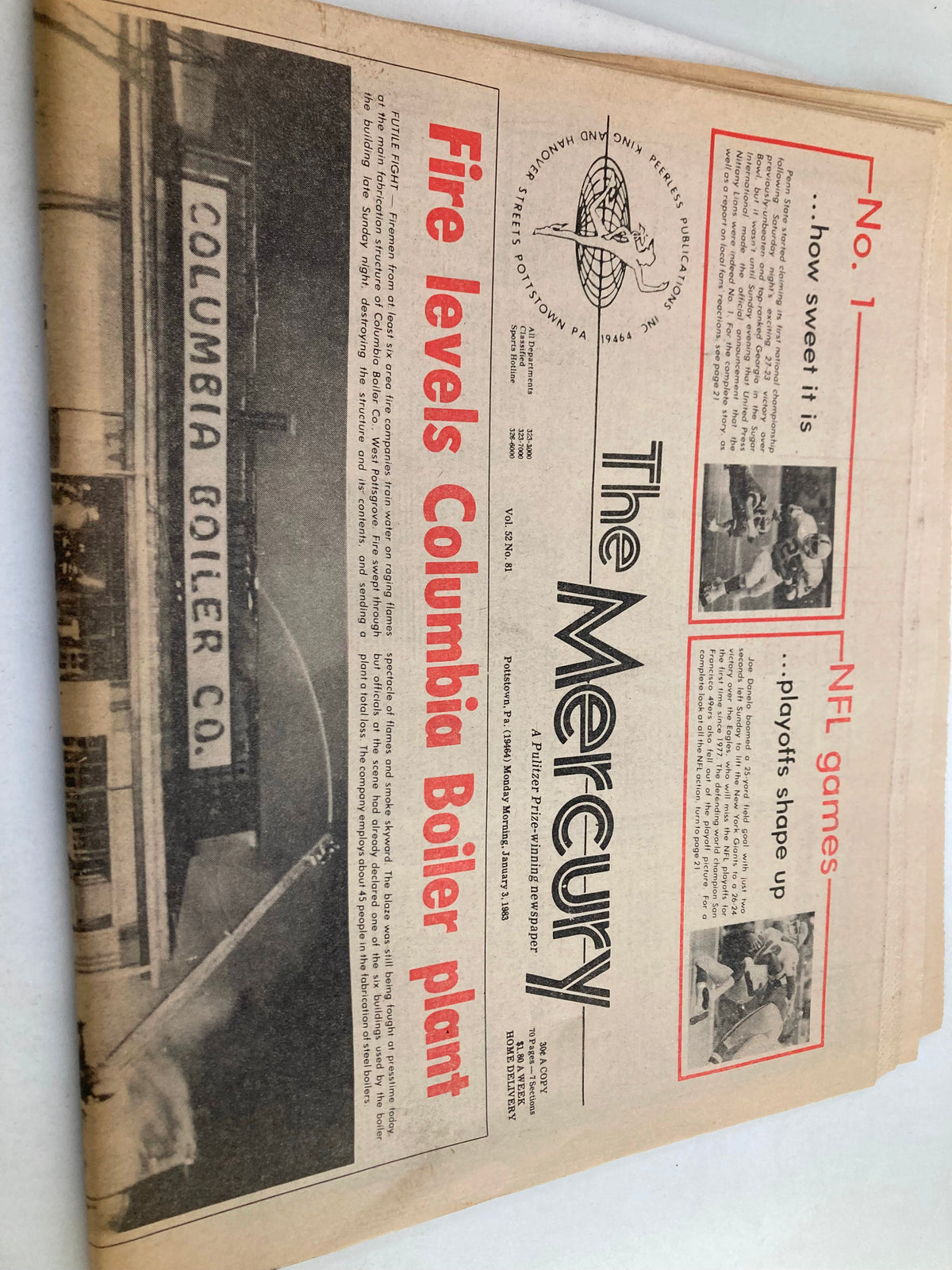 Another view of the front page of The Mercury newspaper, dated January 3, 1983, Volume 52, Issue 81, highlighting the fire that destroyed the Columbia Boiler plant along with other local news items.
