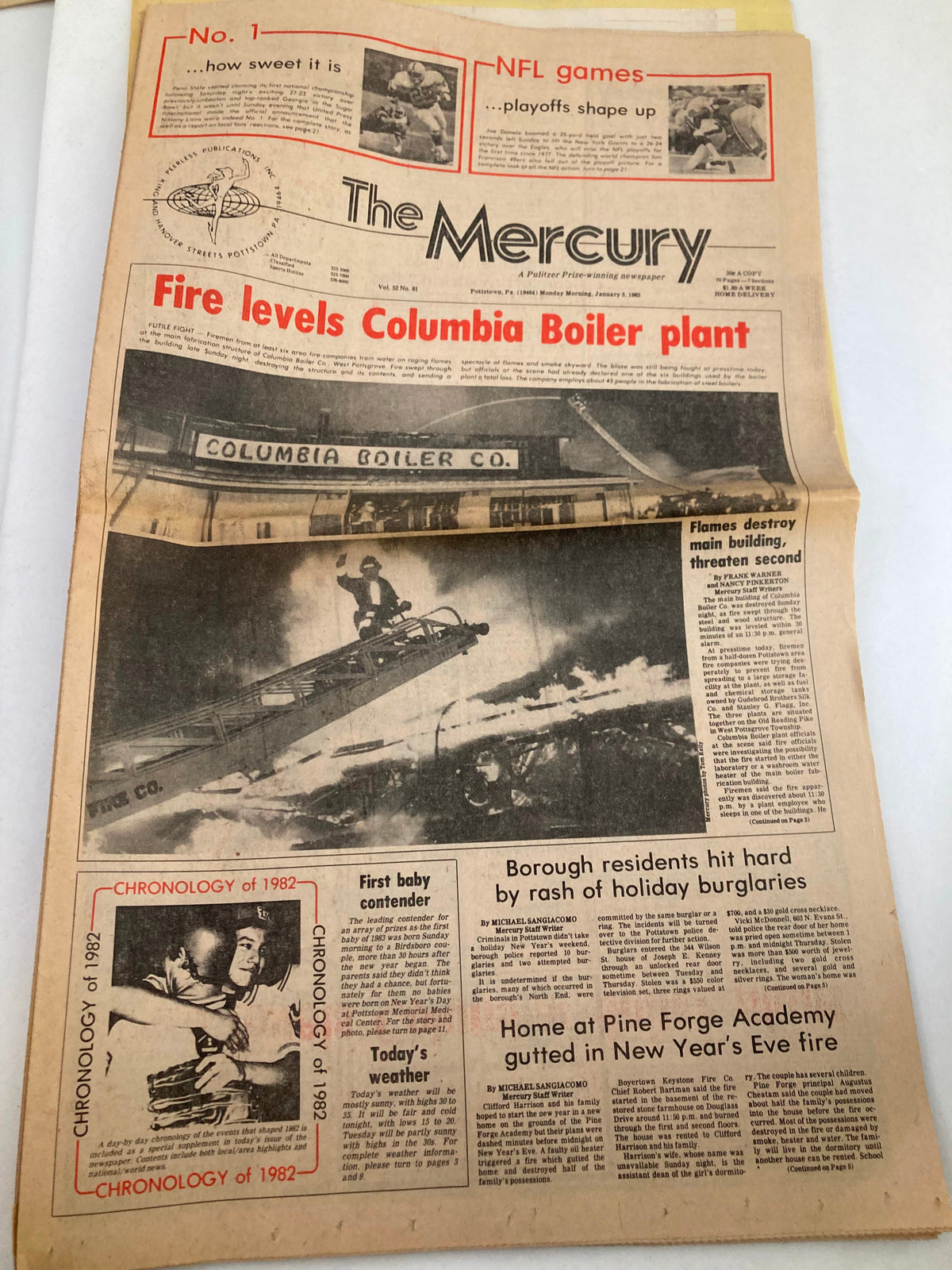The Mercury Newspaper January 3 1983, Vol 52, No. 81 featuring headlines about a fire at the Columbia Boiler plant and stories of local interest, including the First Baby Contender competition.