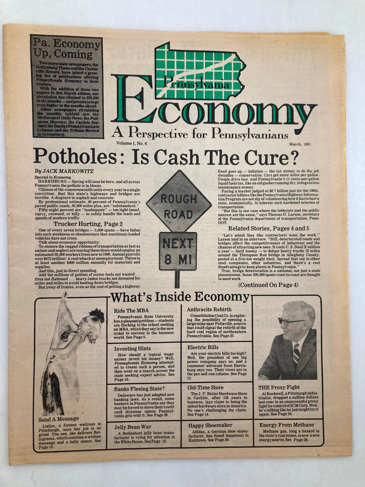 Pennsylvania Economy Tabloid March 1981 Vol 1 #6 titled 'Potholes: Is Cash The Cure?' featuring articles on economic challenges, including a rough road graphic, and listings of inside topics.