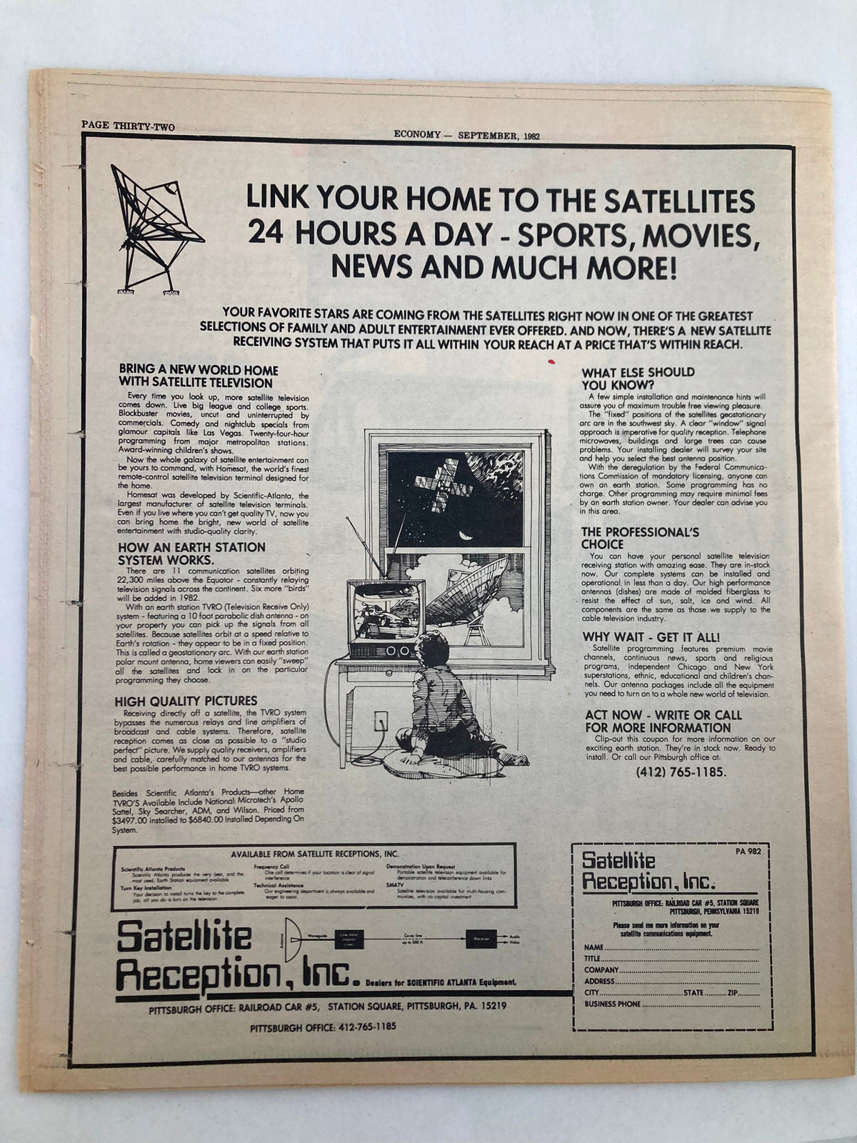 Inside page of Pennsylvania Economy Tabloid September 1982, showing an advertisement for satellite television services and coverage of sports and movies.