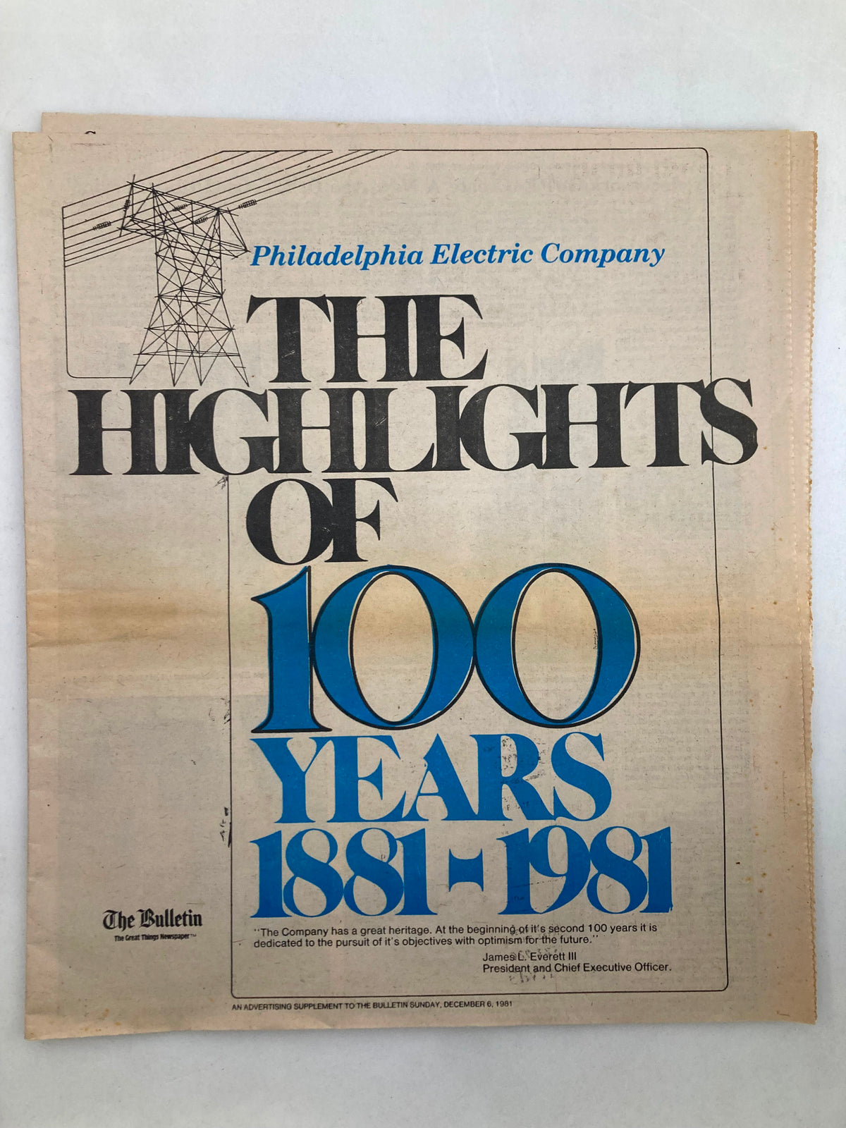 Cover of The Bulletin Newspaper dated December 6, 1981, featuring 'The Highlights of 100 Years 1881-1981' with imagery related to the Philadelphia Electric Company, showcasing a significant historical anniversary.