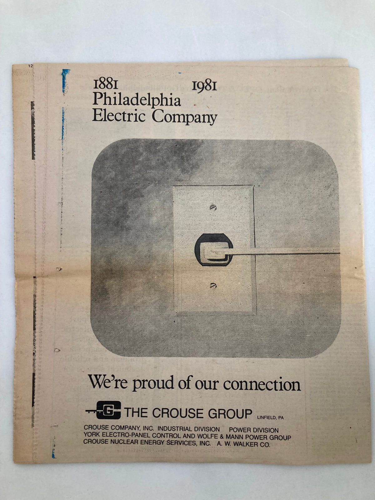 The Bulletin Newspaper December 6 1981 showing the cover page with the headline '1881 Philadelphia Electric Company 1981' and the text 'We’re proud of our connection' along with the logo of The Crouse Group, symbolizing a century of history and innovation.