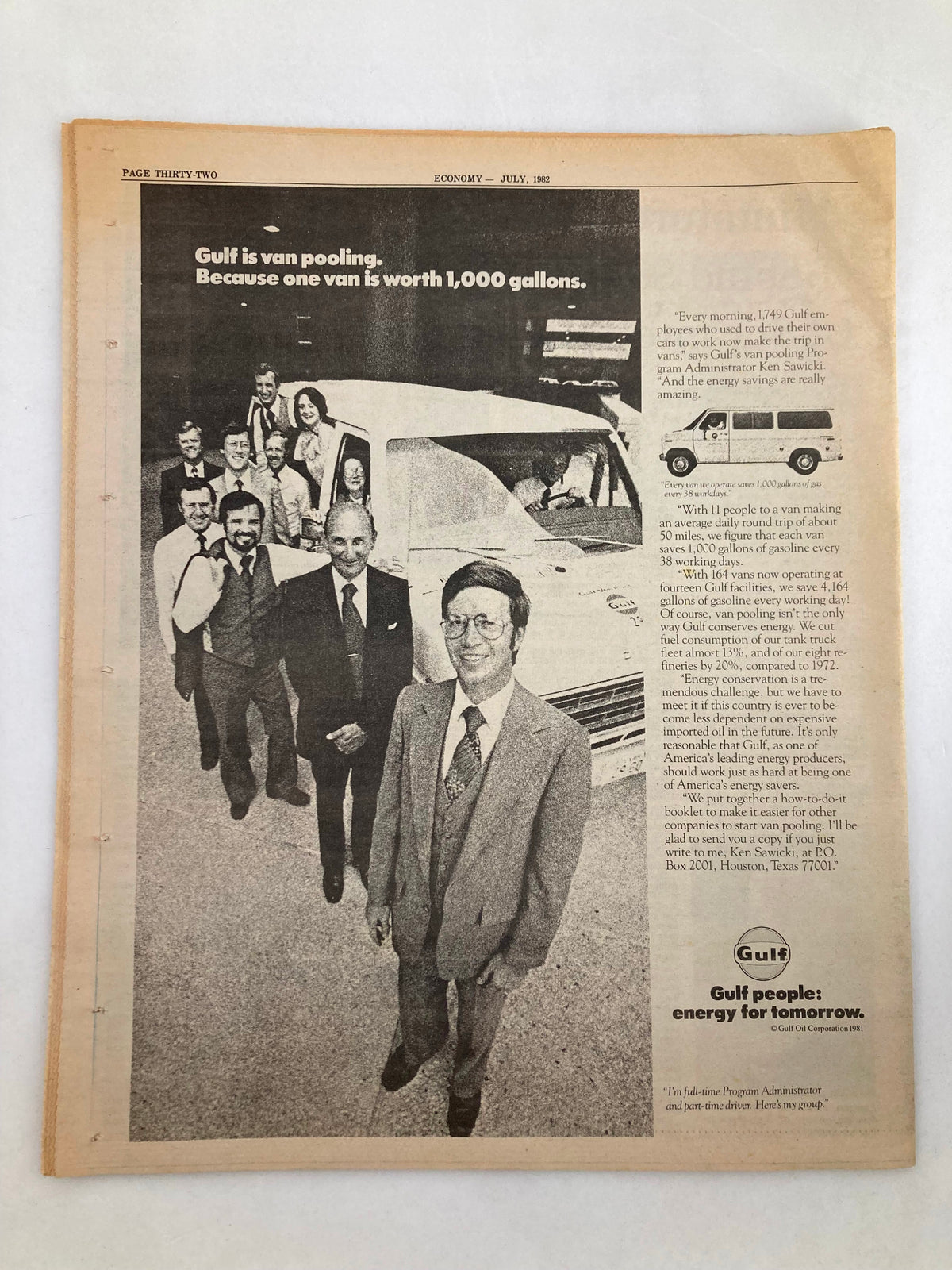 Interior page of Pennsylvania Economy Tabloid July 1982 Vol 2 #10, showcasing a photo of a group of people standing next to a van, promoting the message 'Gulf people: energy for tomorrow'. The text discusses the advantages of van pooling.