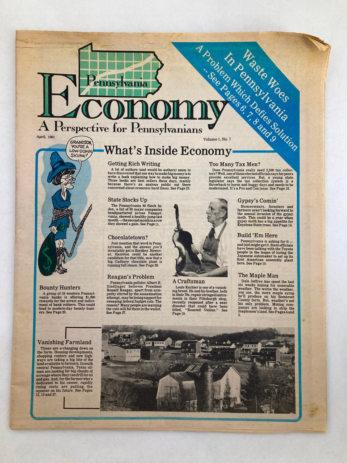 Cover of the Pennsylvania Economy Tabloid April 1981 Vol 1 #7 titled 'Getting Rich Writing', featuring articles on economy and various topics, with illustrations and a vintage design.