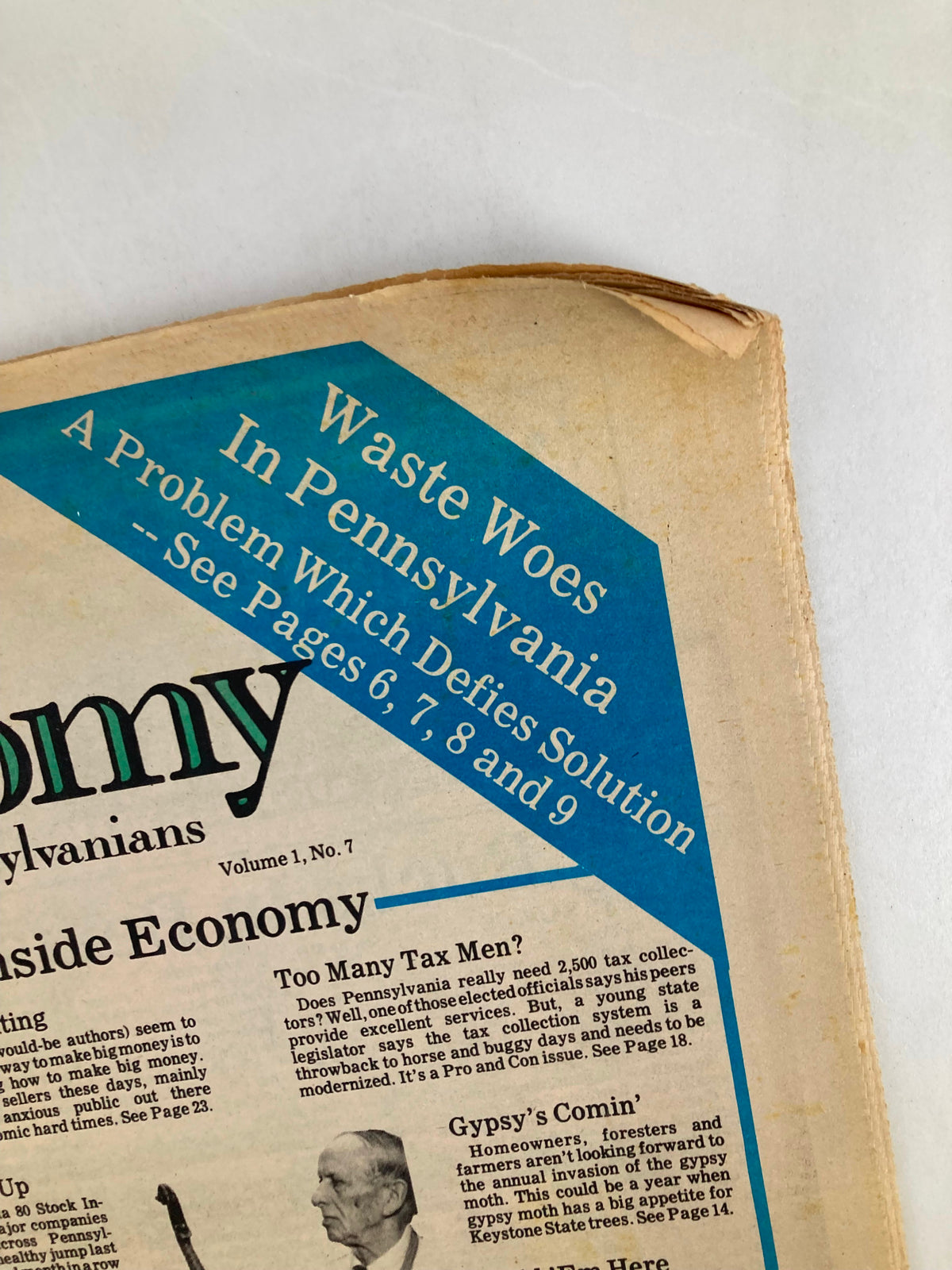 Pennsylvania Economy Tabloid April 1981 Vol 1 #7 Getting Rich Writing featuring an article titled 'Waste Woes In Pennsylvania' discussing a pressing issue with a request to see specific pages.