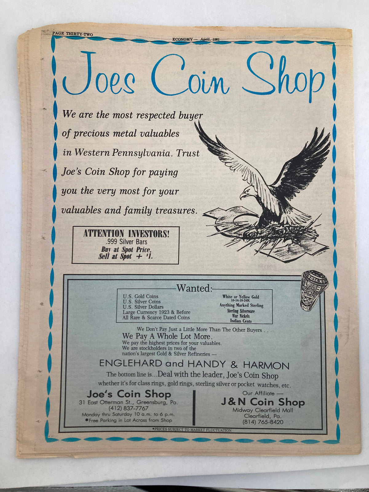 Pennsylvania Economy Tabloid April 1981 Vol 1 #7 Getting Rich Writing showcasing an advertisement for Joe's Coin Shop, highlighting their services in precious metal valuation and investment opportunities.
