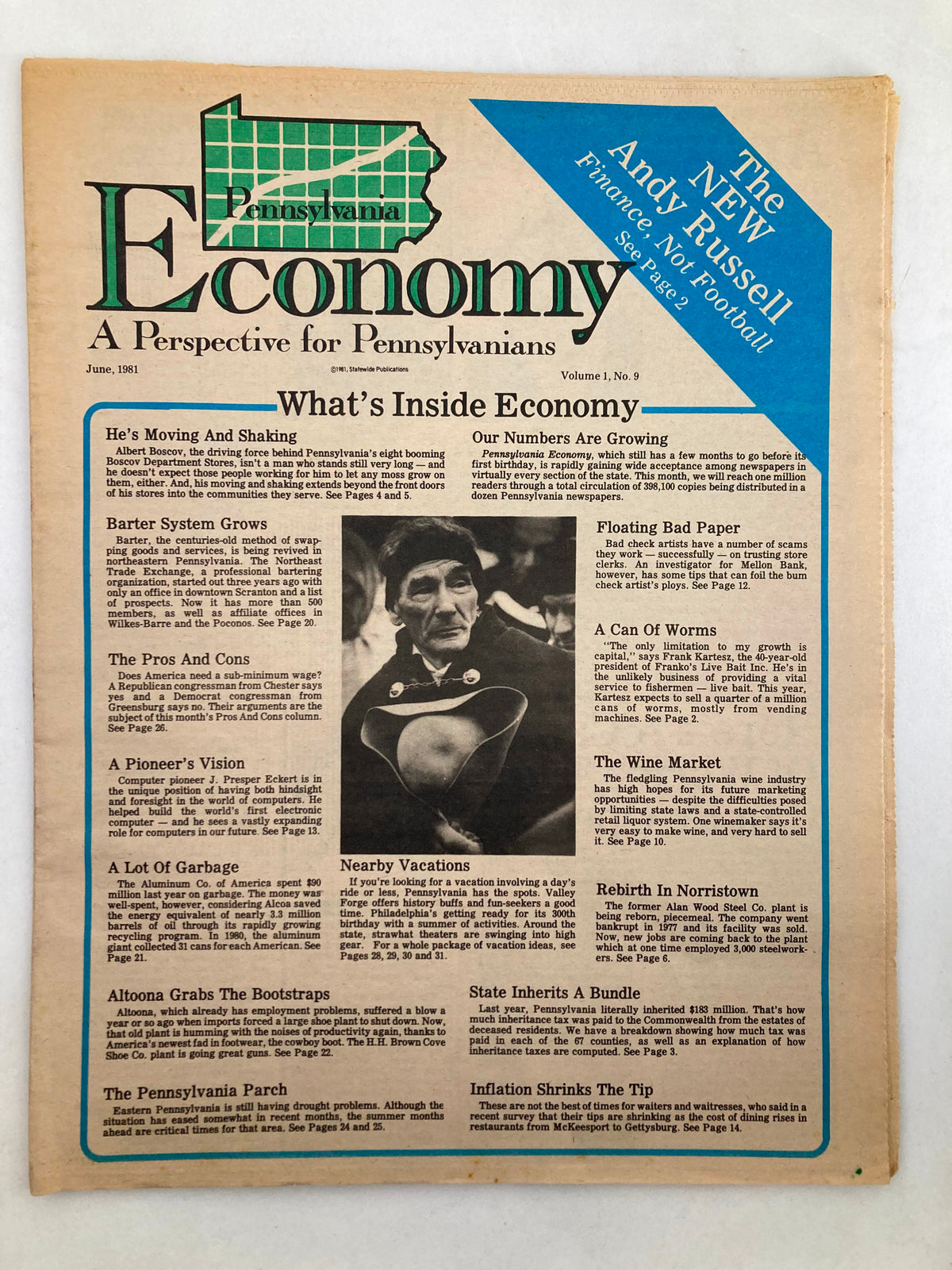 Front cover of the Pennsylvania Economy Tabloid from June 1981, Volume 1, Issue 9. The cover features the title "He's Moving and Shaking" with a map of Pennsylvania, highlighting various topics and articles related to the state's economy.