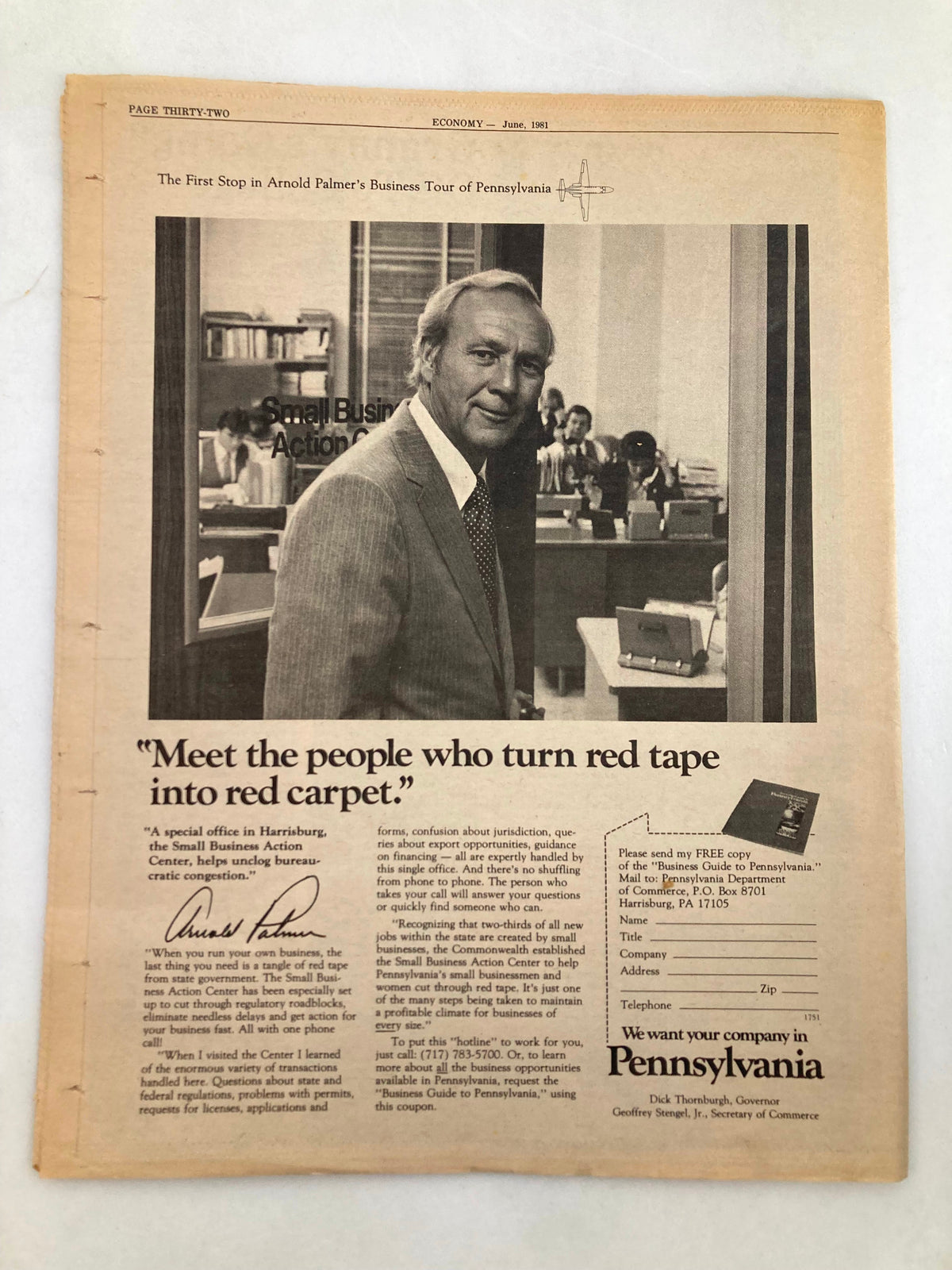 Page thirty-two of the Pennsylvania Economy Tabloid from June 1981, Volume 1, Issue 9, showcasing an article featuring Arnold Palmer discussing the Small Business Action Center in Pennsylvania, aimed at easing bureaucratic processes for small businesses.