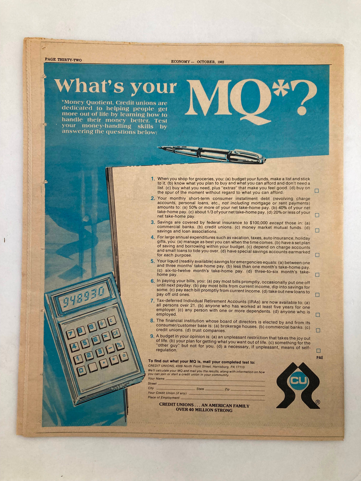What's your MQ? worksheet from the Pennsylvania Economy Tabloid October 1982 Volume 3 Issue #1 featuring a vintage design with questions to test money-handling skills and a calculator illustration.