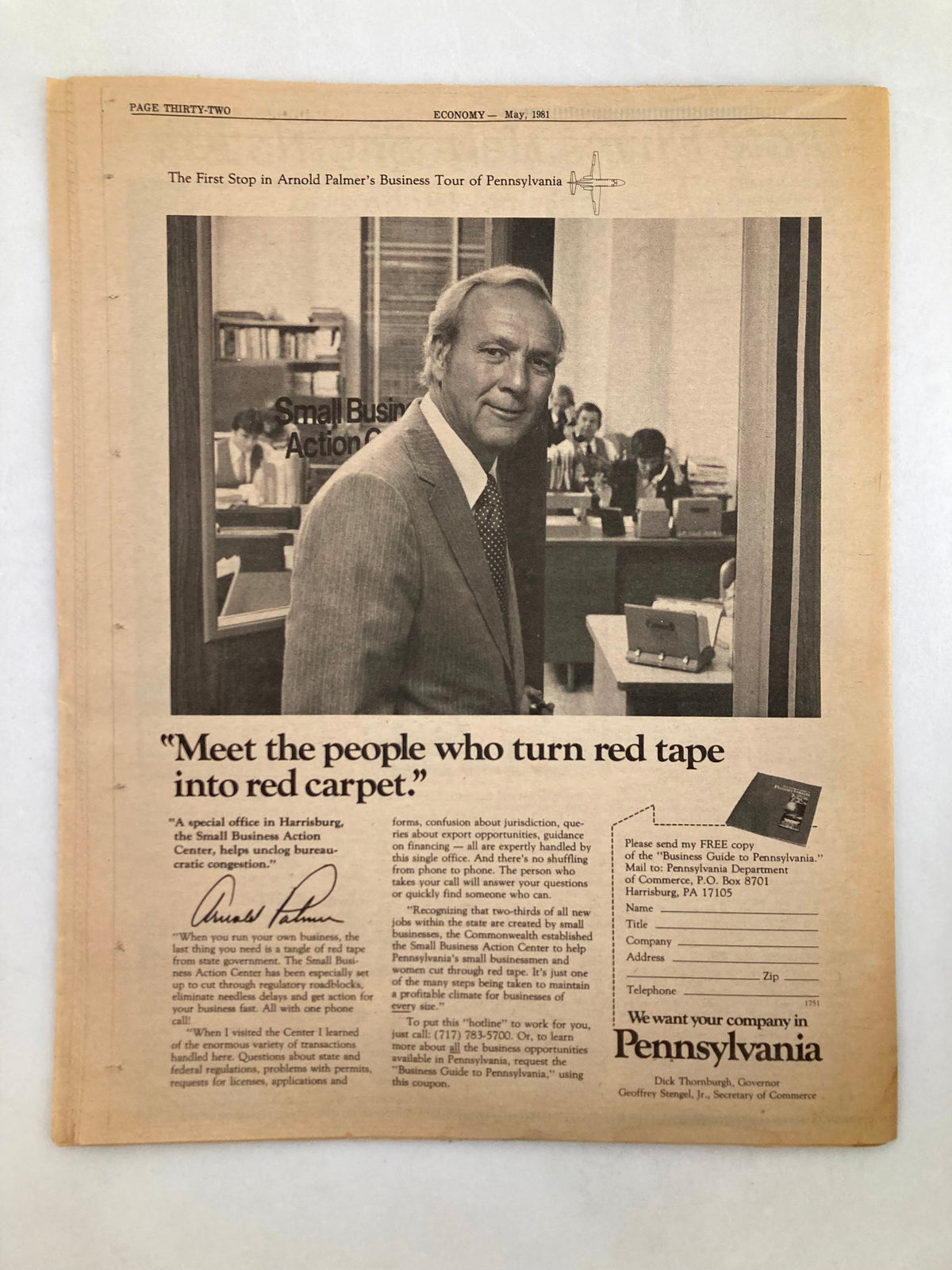 Pennsylvania Economy Tabloid May 1981 Vol 1 #8 showcasing Arnold Palmer in a business context, discussing small business initiatives in Pennsylvania. The page emphasizes the connection between business and local economy.
