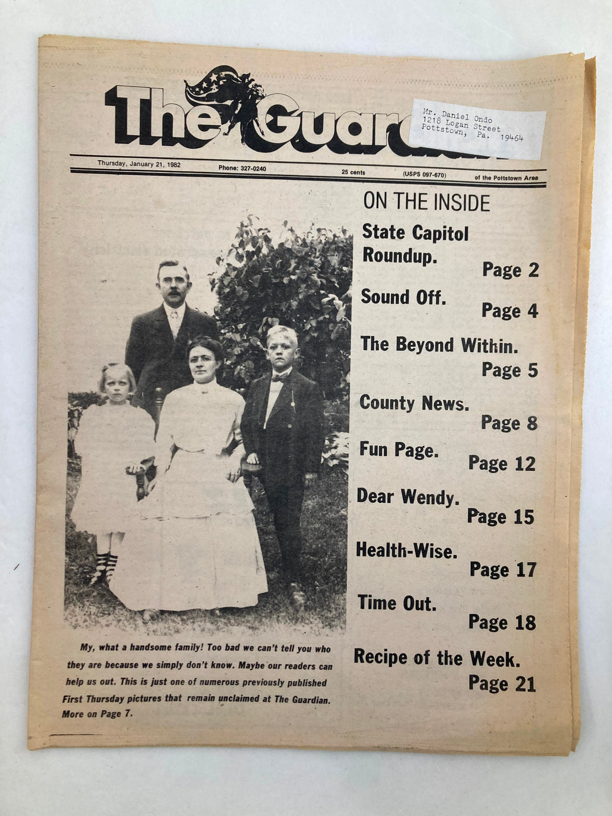 The Guardian Newspaper dated January 21, 1982, featuring a family photograph alongside sections including 'The Beyond Within' and 'Dear Wendy'. The cover highlights prominent articles and is adorned with a decorative banner.