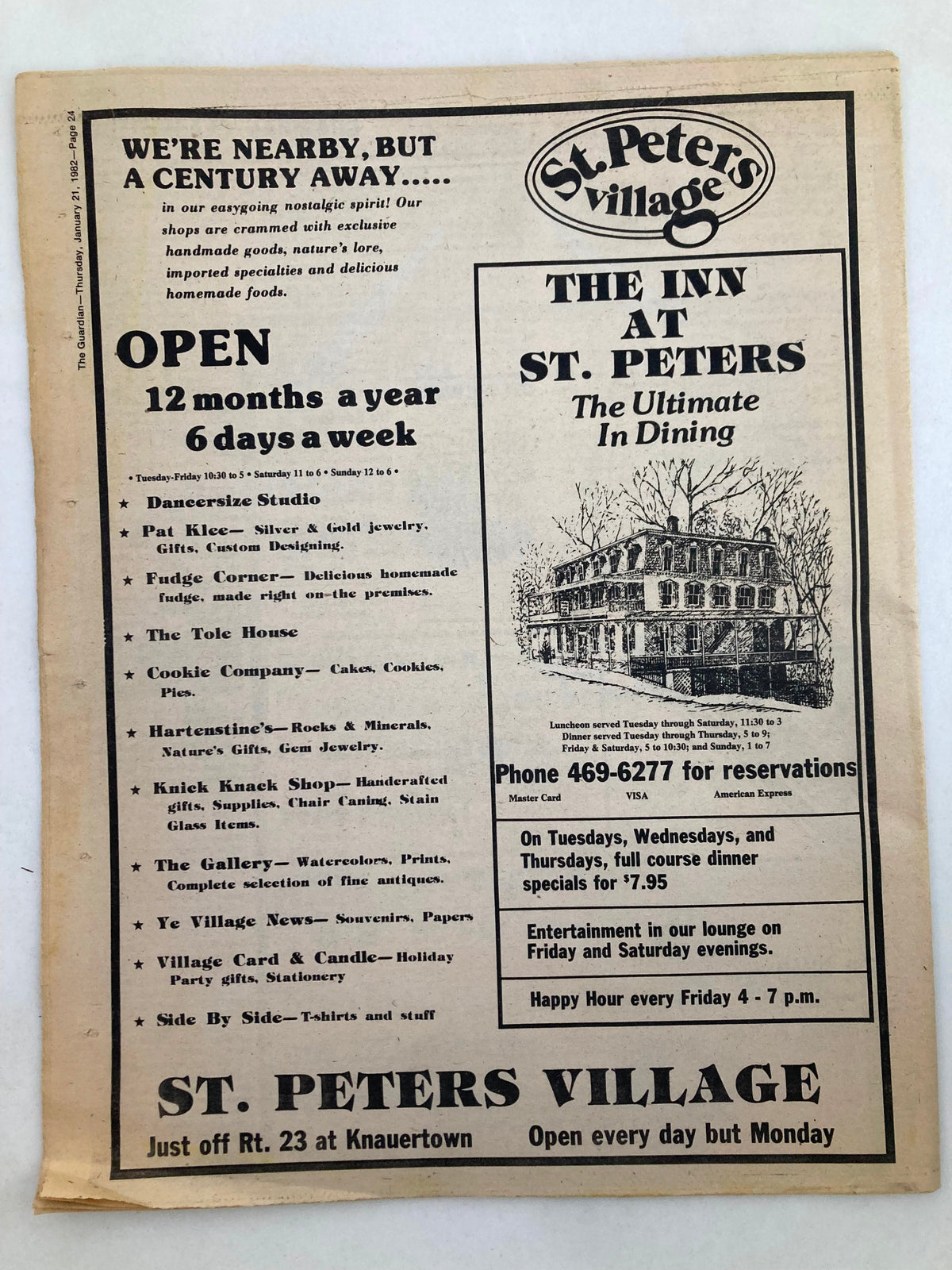 The back cover of The Guardian Newspaper from January 21, 1982, showcasing an advertisement for St. Peter's Village with various local shops and services. Highlights include dining and artisan offerings set against a vintage newspaper backdrop.