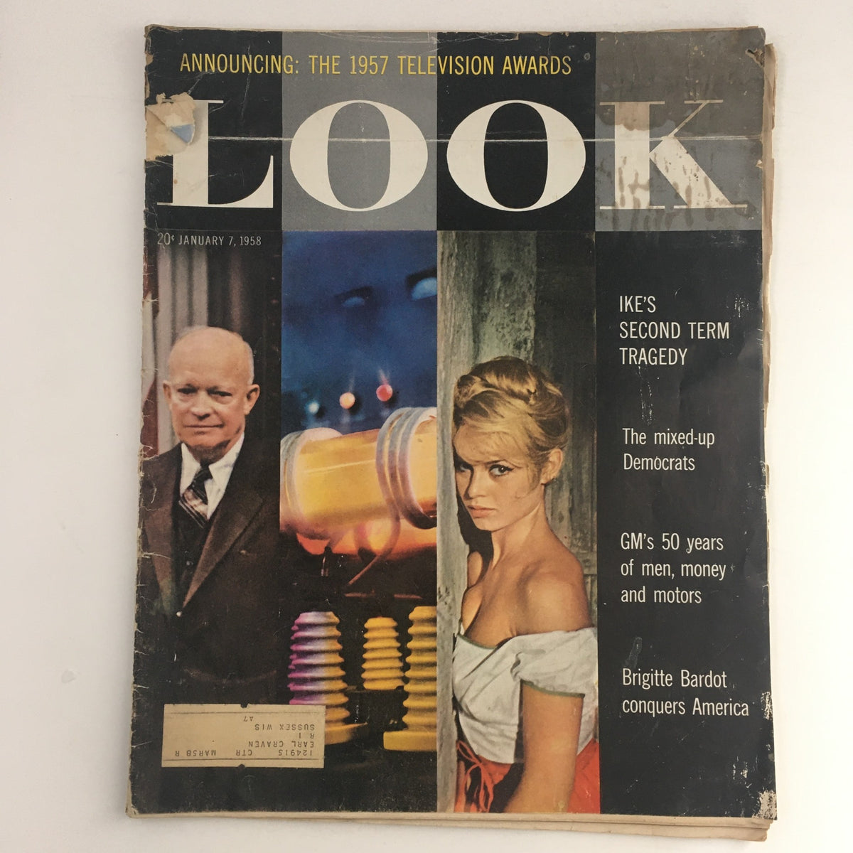 Cover of Look Magazine dated January 7, 1958 featuring President Dwight D. Eisenhower and actress Brigitte Bardot, highlighting mid-century American culture.