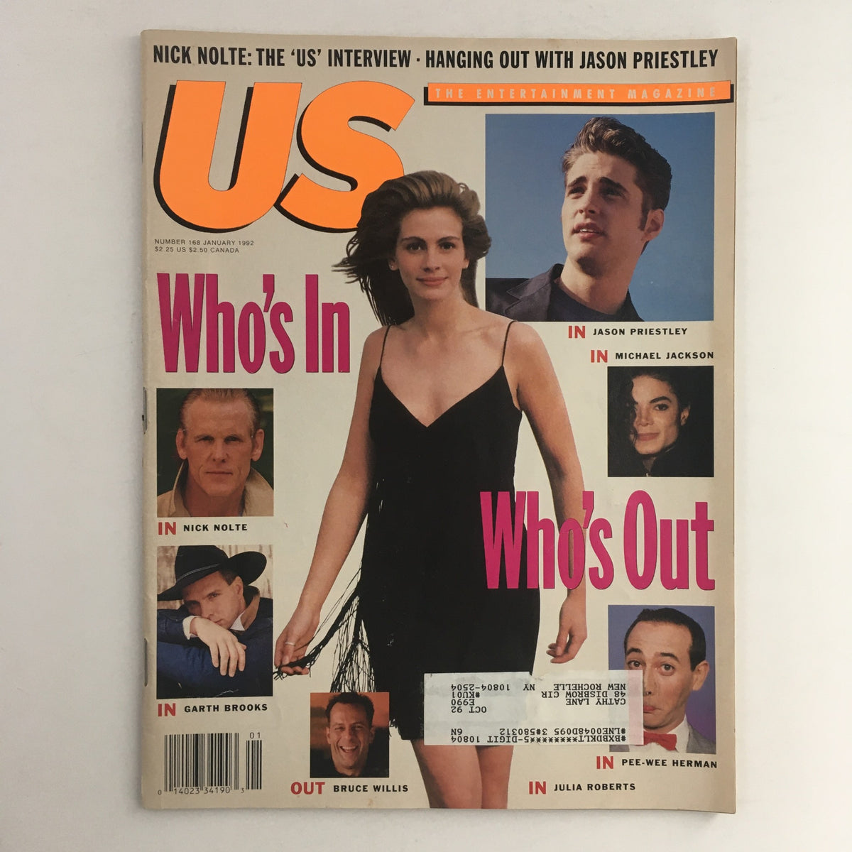 Cover of US Magazine #168 from January 1992 featuring Julia Roberts, Michael Jackson, and Jason Priestley. The magazine displays the headline 'Who's In, Who's Out' with images of various celebrities.