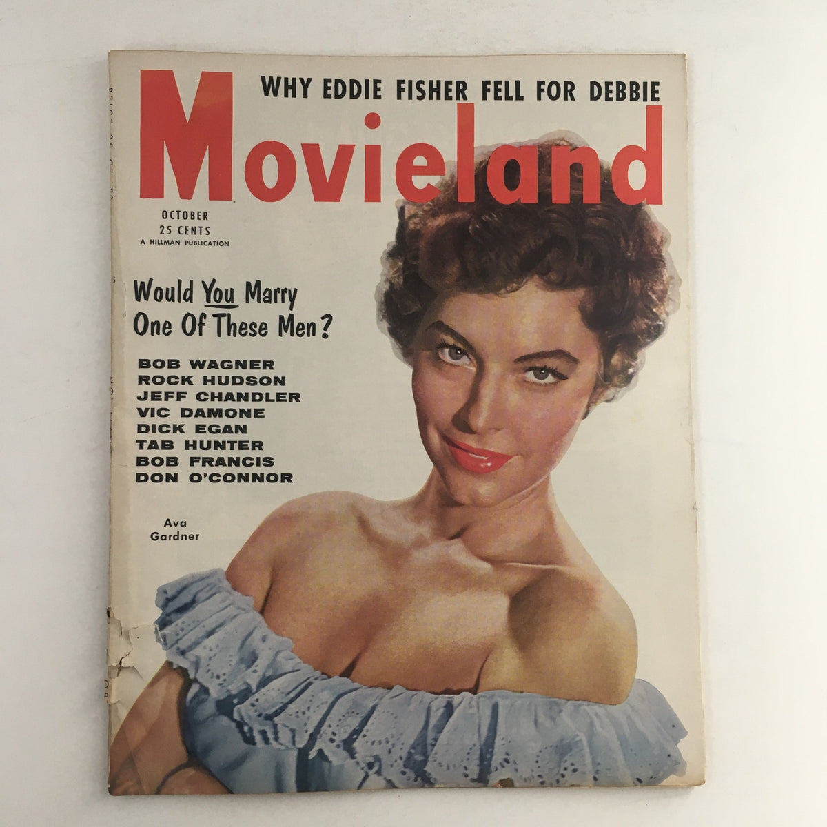 Cover of VTG Movieland Magazine from October 1954 featuring Ava Gardner with the headline 'Would You Marry One Of These Men?' and listing Bob Wagner, Rock Hudson, and others.
